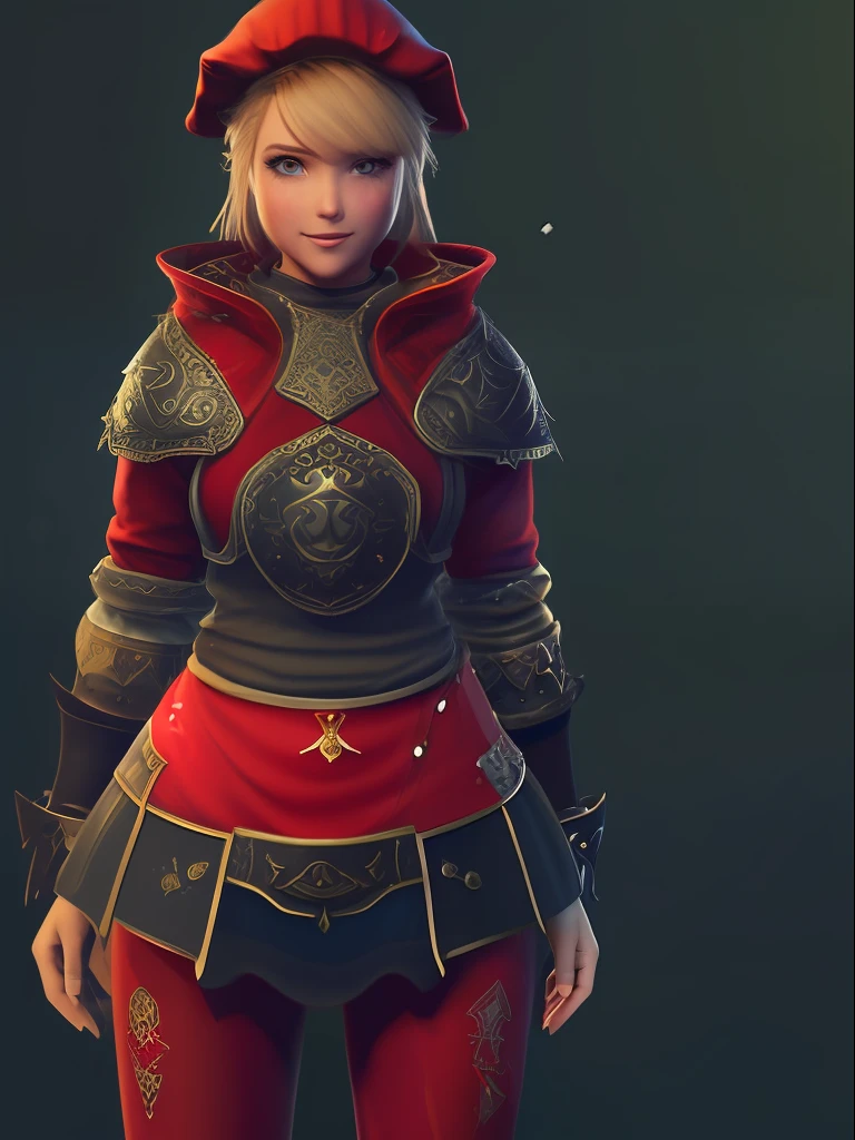 Original Character, Volumetric Lighting, Best Shadows, Shallow Depth of Field, Portrait Of An Energetic Girl with a Thick Build, (((Very Thick Thighs)) and Butt, ((Medium waist)), Cute Bright Face With Striking Blue Eyes, Sharp Eyebrows, ((Crazed Wide Smile)), Fangs Out, Average ((Small Breasts)), Medium Short Blond Hair, Thick Eyeliner, Thick Eyelashes, Glowing ((Paladin)) of the Sun, (((Red Gambeson))), ((Knightly Leggings)), Rapier and Sun Shield, ((Red Flat Cap)) with Sun Clips, Pose is Full of Energy, (Highest Quality, Amazing Details:1.25), Brilliant Colorful Paintings