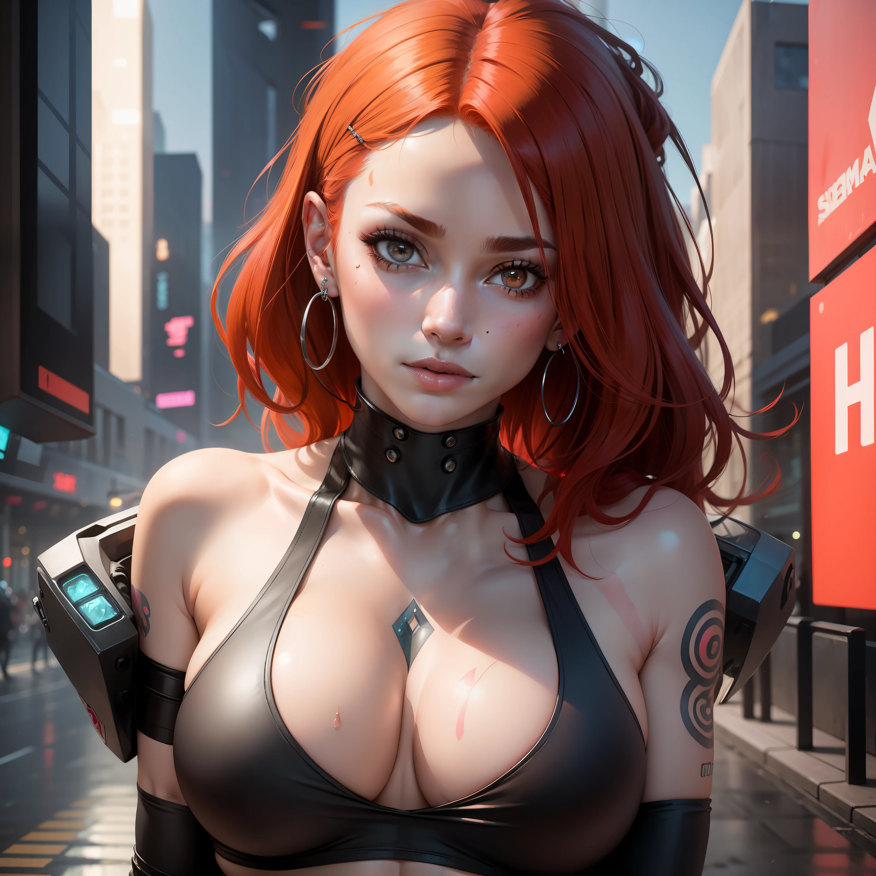 Woman with straight red hair with neckline perfect abdomen sweaty diamond earrings with cyberpunk tattoo beautiful perfect colorful eyes looking at spectator slanted face