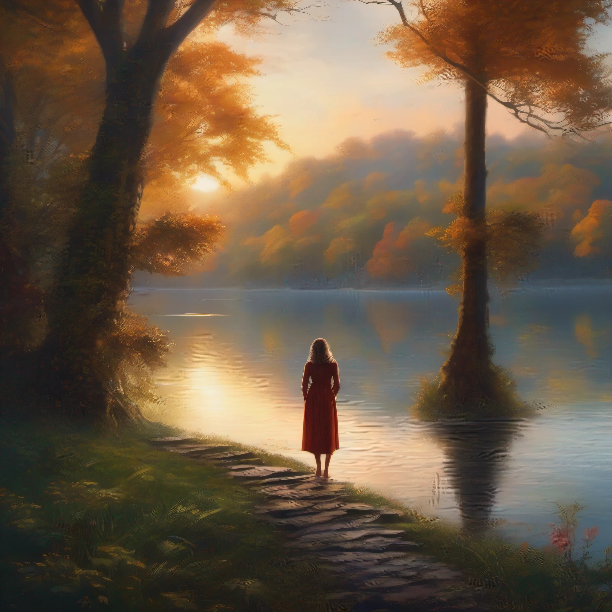 On the edge of a tranquil lake, surrounded by majestic trees, uma mulher encantadora sorri com ternura e graciosidade, em um estilo de pintura digital exuberante e encantador.