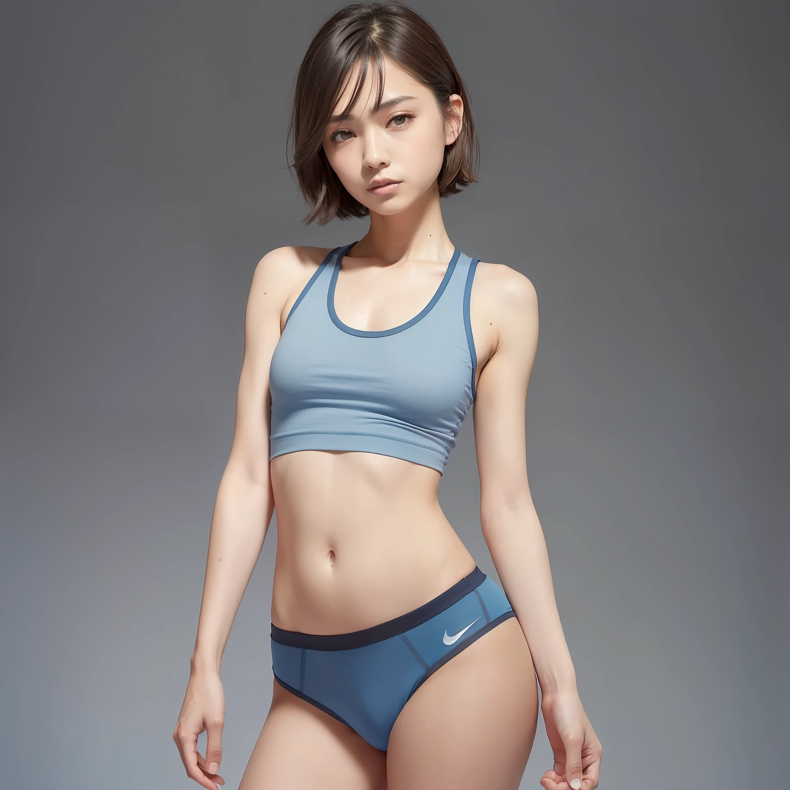 (solo), (a detailed full body RAW photo of a girl), (masterpiece:1.0), (best quality:1.4), (ultra highres:1.2), (photorealistic:1.4), 8k resolution, Canon EOS R5, 30mm, absurdres, ultra detailed, (40year old), sharp focus, cinematic lighting, detailed beautiful face, (no make up:1.2), (ulzzang-6500-v1.1), petite figure, detailed skin texture, flat chest, (skinny and fit body:1.6), detailed brown hair, sweltering,(very short hair:1.5), very thin see-through wear, (very small and simple and blue and gray nike sports tanktop with no bra and shorts:1.5), low rise, realistic glistening skin, (sweating:1.45), detailed nipples texture, (satomi ishihara:0.7), (no bra:1.5), dynamic porse with emphasized the crotch (Crotch streaks and stains),