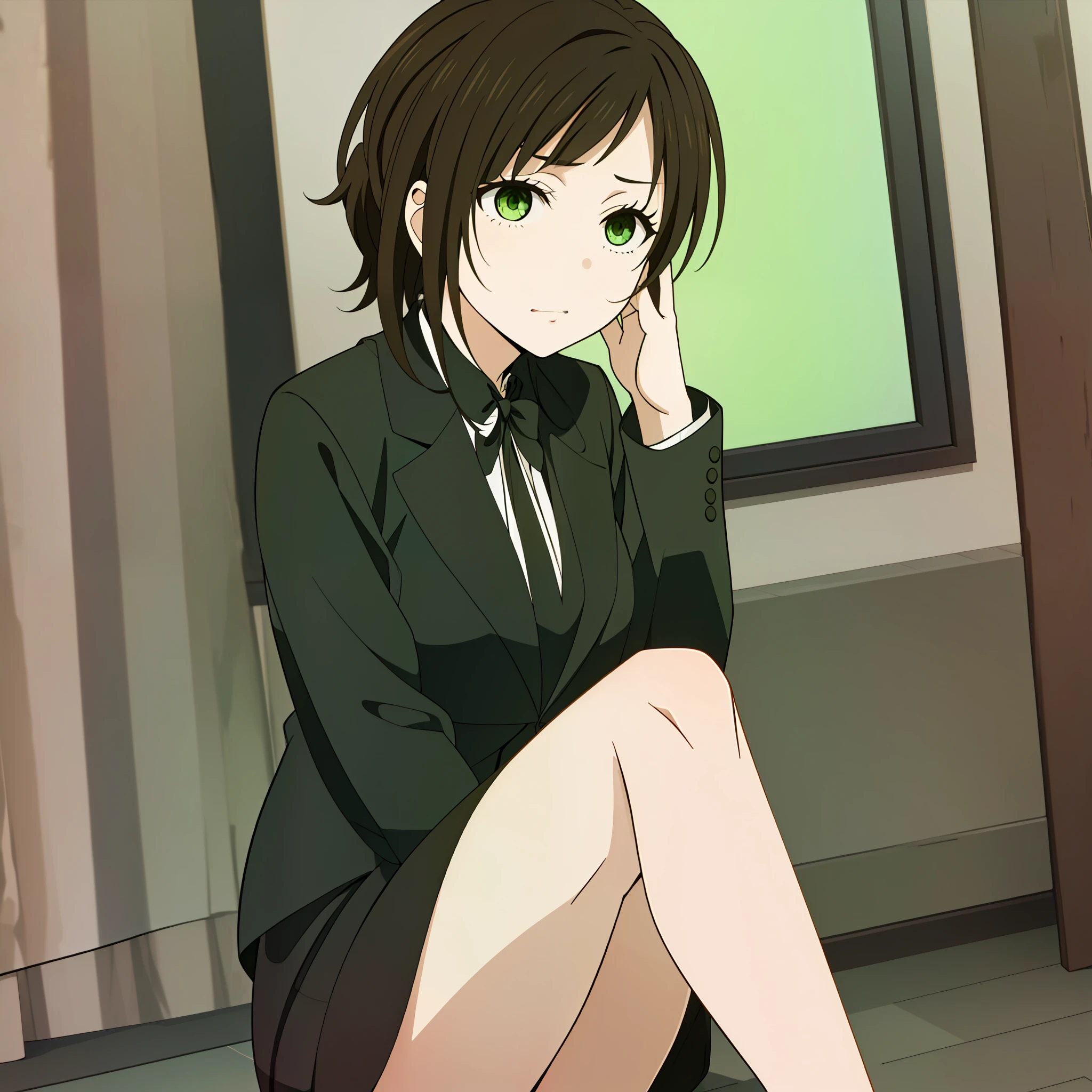 1girl, masterpice, sakufukuzawa, brownhair, greeneyes,  wears a black blazer over a white ruffled long-sleeve work blouse and a knee-length black pencil skirt and black dress heels, facing_viewer