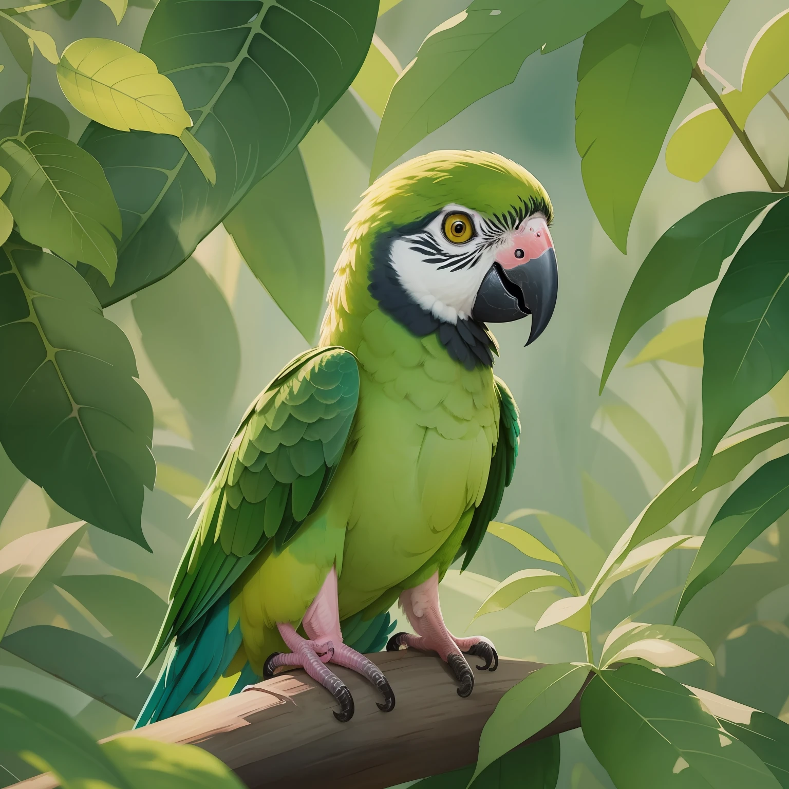 There is a watercolor painting of a green parrot cub, he's sitting, wearing a pink bow around the neck, cute illustration, Kawai, vetor, circunstanciado, beautiful illustration