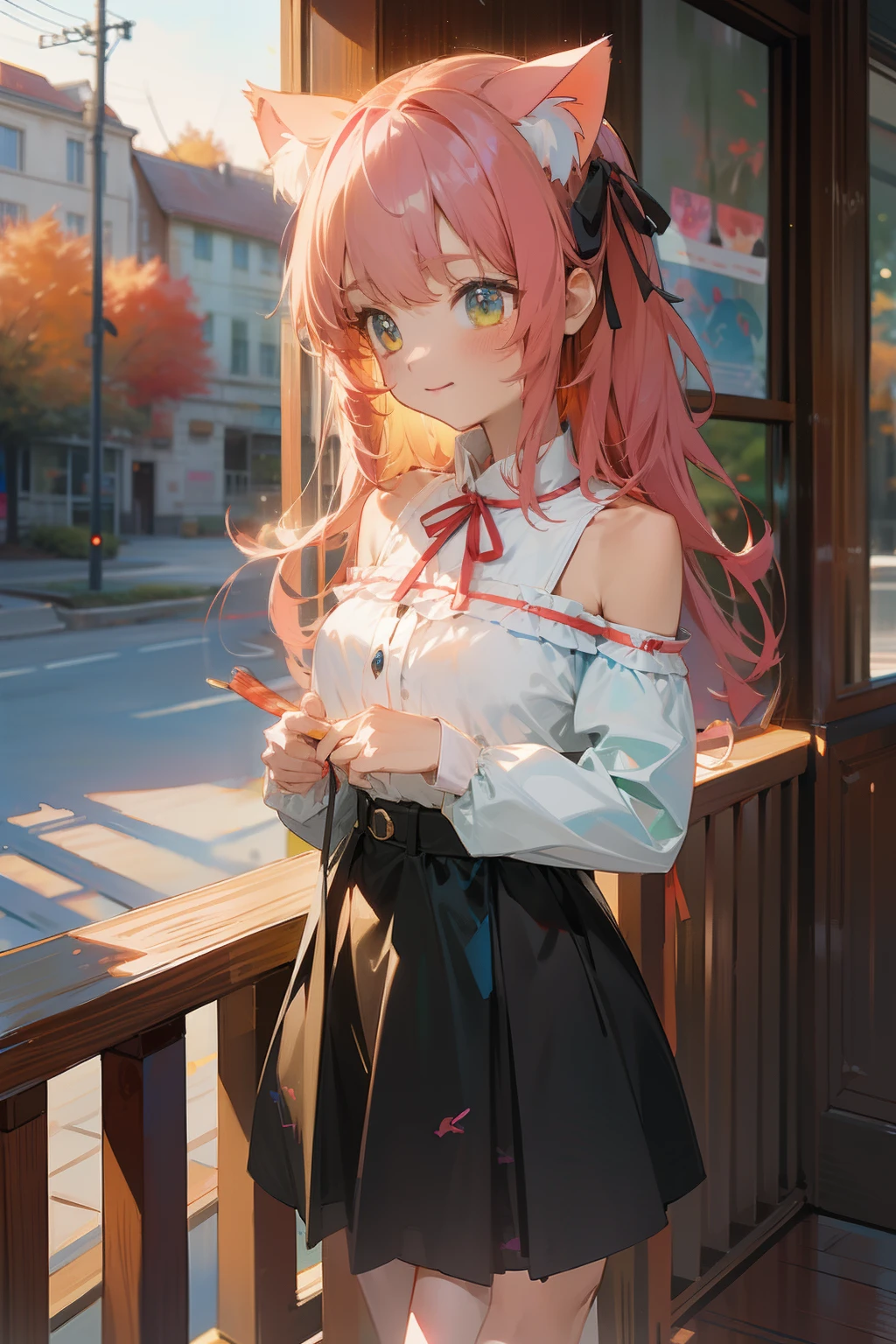 (8K resolution, Best quality quality:1.2), (tmasterpiece:1.0), (hyper HD:1.0), the watercolor style, A lovely , Shoulder, (cat ear), Realisticstyle, tress ribbon, sportrait, extremely luminous bright design, Pastel colors, Autumn lights