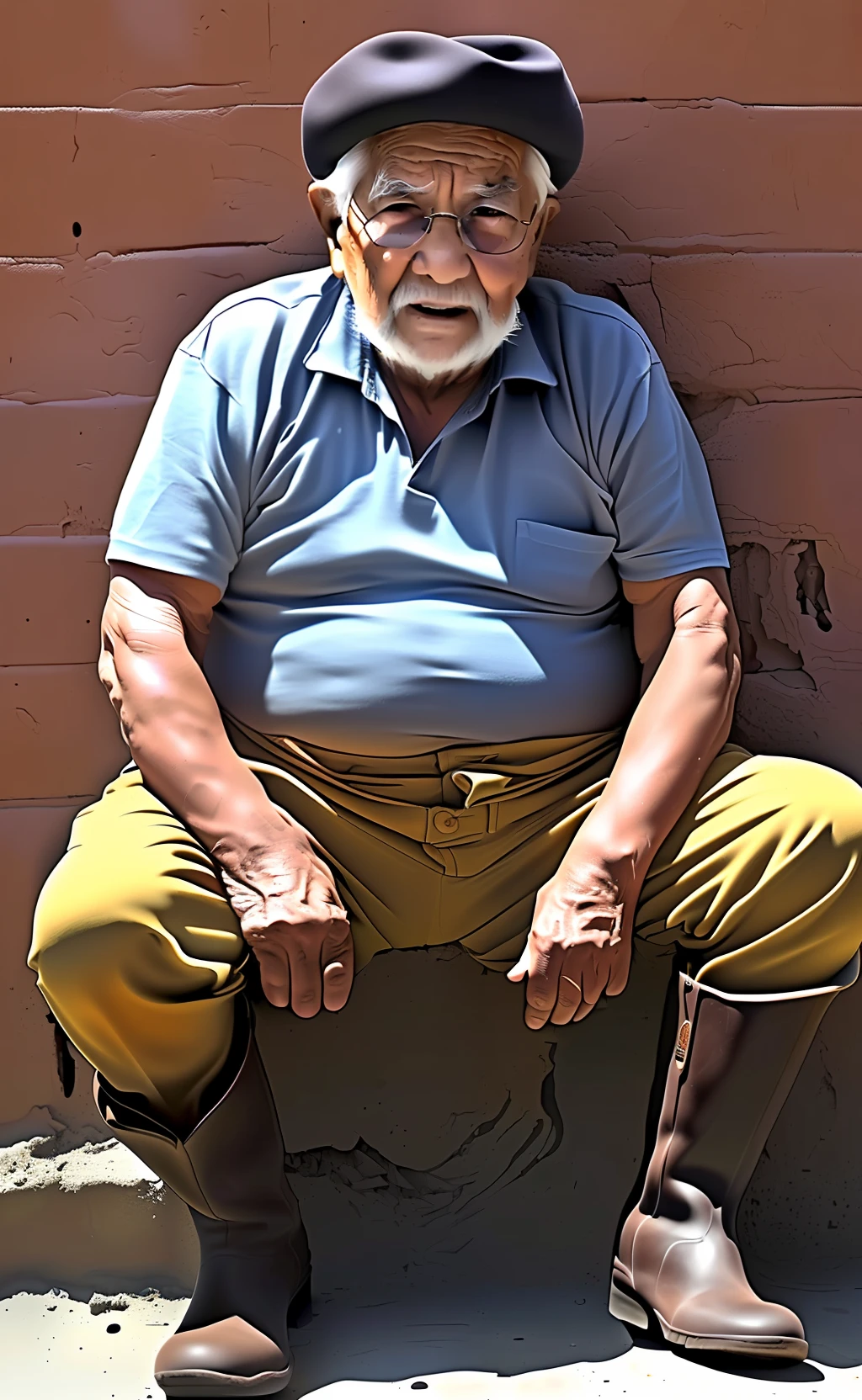 Imagen de cuerpo completo realista de un duende, hombre, abuelo, barrigon, musculoso, con pelo en el pecho, Brown worker boots, sudando, orejas puntuadas, sin uno de los dientes de adelante, desnudo, calvo.