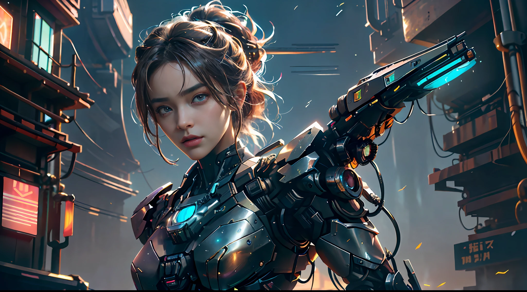 tmasterpiece，top-quality，best qualityer，offcial art，Beauty and aesthetics：1.2），（tmasterpiece：1.3）， （8K， realisticlying， RAW photos， best qualtiy： 1.4）， beauitful face， （photorealiscic face），超高分辨率， Ultra photo realsisim， highly  detailed， the golden ratio， （Award-winning digital artwork：1.3） af （sketching：1.3），（with dynamism：1.3），（Saturation：1.3），（Close portrait：1.3），illusory engine， (High detail: 1.9)，（femele：1.4），（big breasts beautiful： 1.4),(carismatic:1.3)，Girl in futuristic suit holding weapon，In front of the city of gunsmoke，Gunsmoke Street，battlefiled， Real women，Real face，cute female child， The perfect cyborg girl， Beautiful female ，beautiful girl cyborg，robotic hand，CG，4K,dramatics，Large breasts，the night，cyber punk perssonage，looks into camera，dramatics，(((Glowing prosthetic eye)))