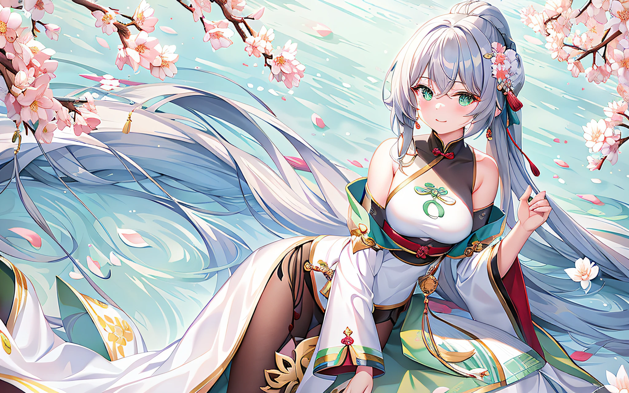 green-eyed,((4K,tmasterpiece,best qualtiy)),dynamic angle,Solo exhibition,1girll,Luo Tianyi,Ink-to-ink ratio,Tradition Chinese Ink Painting,lotus flower,Hanfu,Maksiskit,1 girl in revealing clothes,独奏,whaite hair,(long whitr hair),white colors,比基尼,The fish,Cherry blossoms and petals,looki at viewer,Titillating