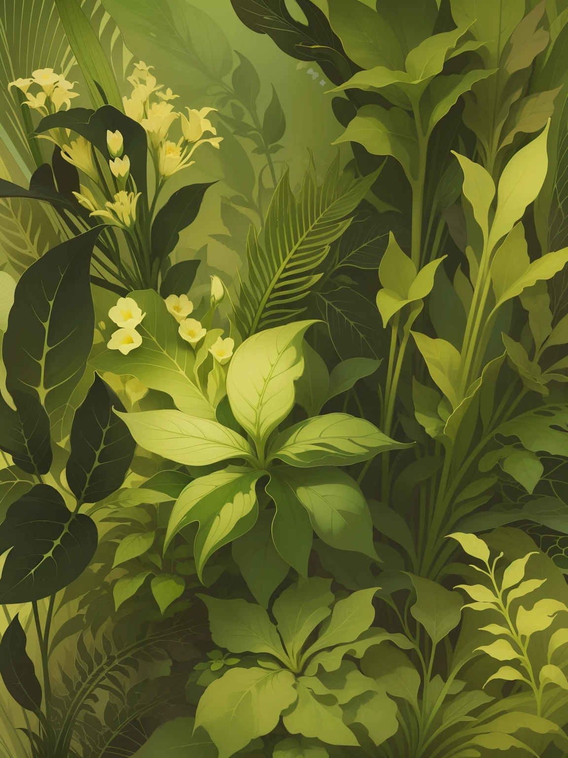 Illustration of flowers and plants,The main color is green,big leafs,Small petals,Dark green stroke,Green leaves,White petals,Mucha style