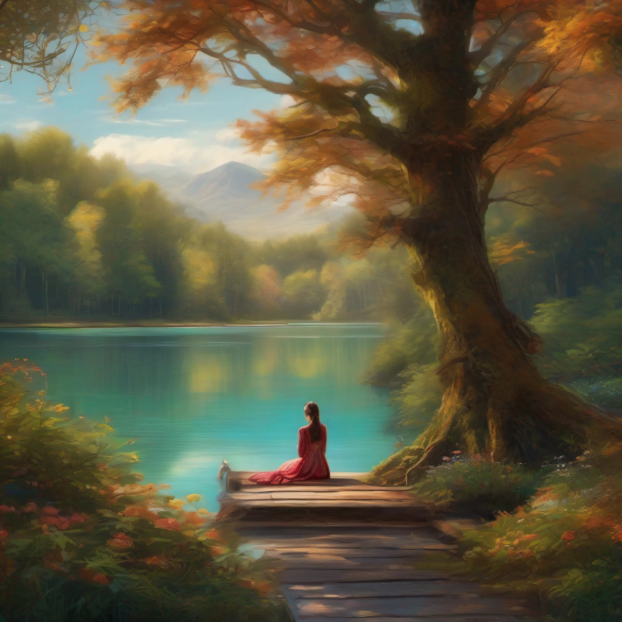 On the edge of a tranquil lake, surrounded by majestic trees, uma mulher encantadora sorri com ternura e graciosidade, em um estilo de pintura digital exuberante e encantador.