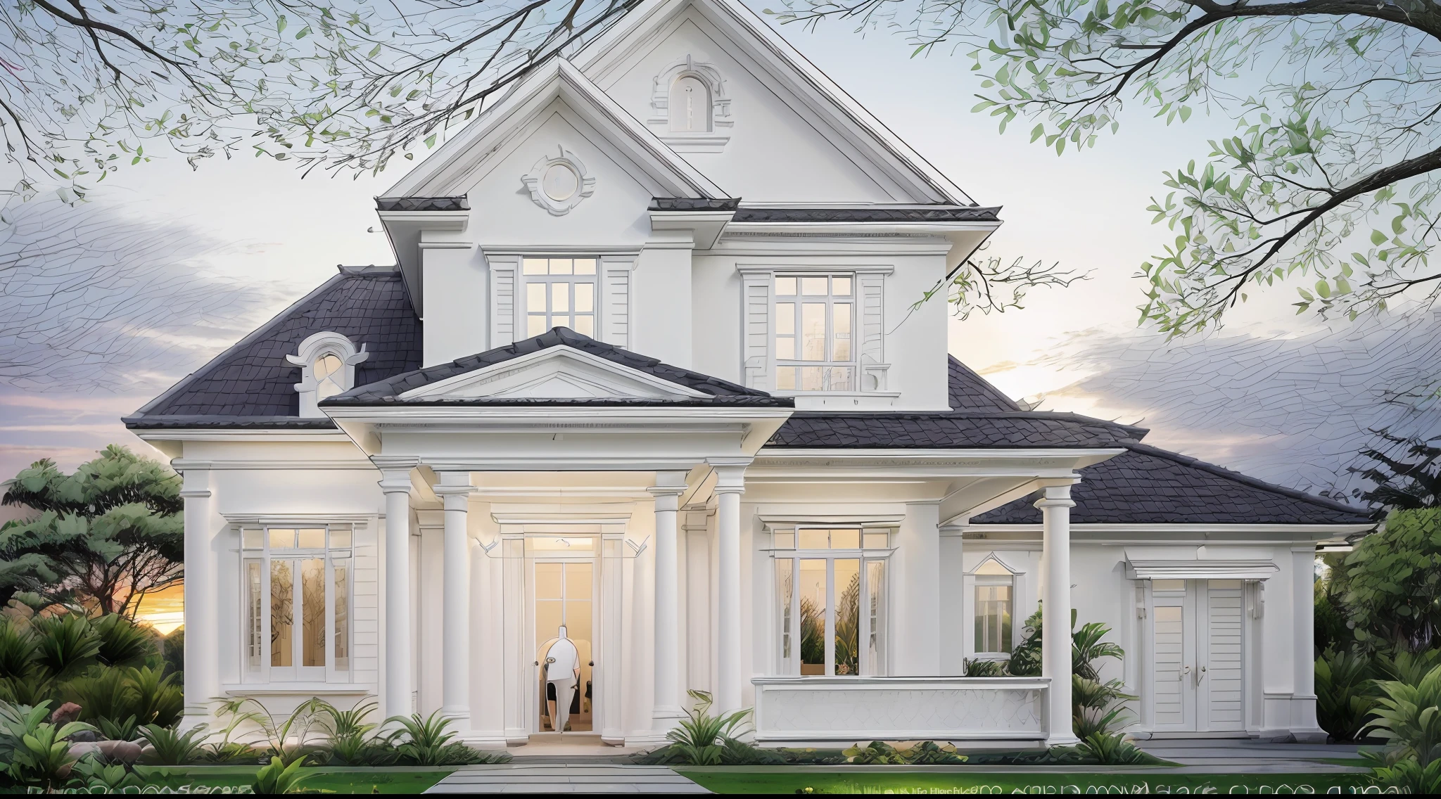 RAW photo,Masterpiece, high quality, best quality, authentic, super detail, exterior, one villa style Neoclassic, (Modern minimalist lines:1.2),(white wall:1.1), railing glass, glass windows,trees, grass, ((sunset)), sky, vivid colour, (high detailed :1.2), 8k uhd, dslr, soft lighting, high quality, film grain, Fujifilm XT3