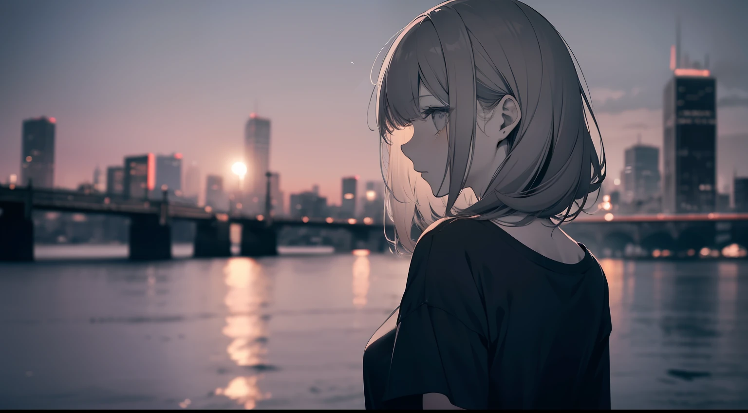 faded tone, monochrome, a little dark orange tone, cool lady long bangs, hipster, grey hair, upper chest shot, monochrome, black, blue, t shirt, heavily blurred background, city at dawn, looking back, blurry image as a whole