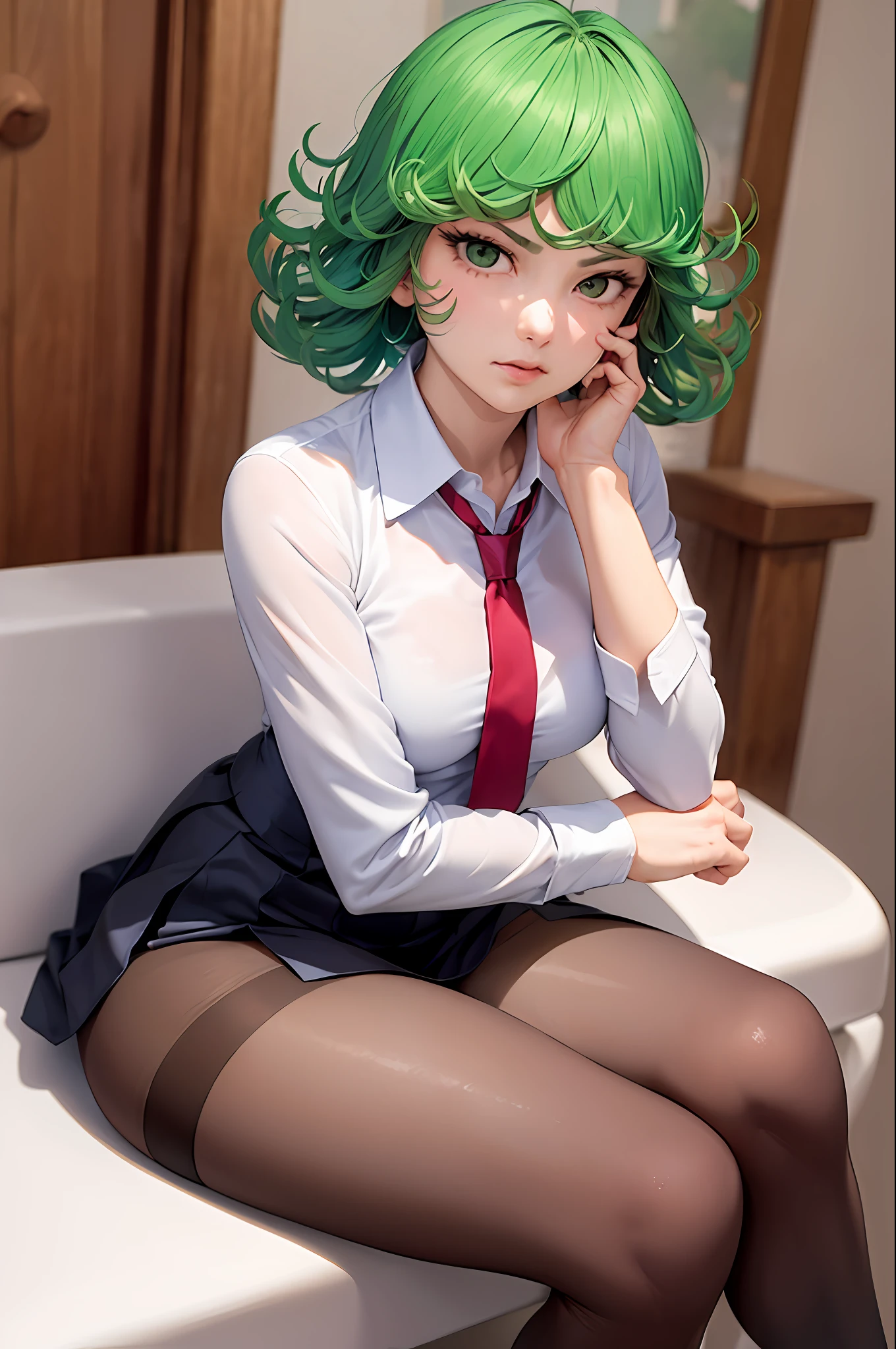 Nsfw, (masterpiece, best quality:1.2), solo, 1girl, tatsumaki, unamused, closed mouth, looking at viewer, hand on own face, sitting, crossed legs, collared shirt, necktie, skirt, pantyhose