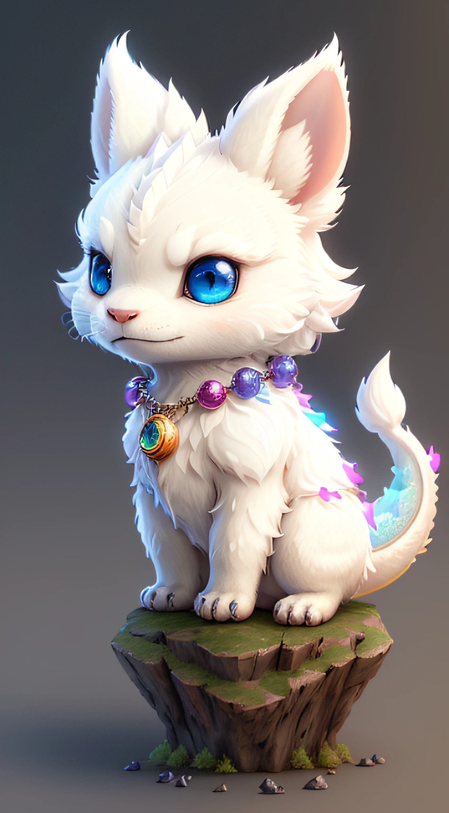 Cute hyper-realistic little white dragon, eyes of different colors, wearing a necklace, chibi, cute and fluffy, logo design, cartoon, movie lighting effects, charming, 3D vector art, cute quirky, fantasy art, background bokeh, hand drawn, digital painting, soft lighting, isometric style, 4K resolution, realistic rendering, highly detailed clean, vector images, realistic masterpieces, professional photography, simple space background, flat white background, isometric, vibrant vector
