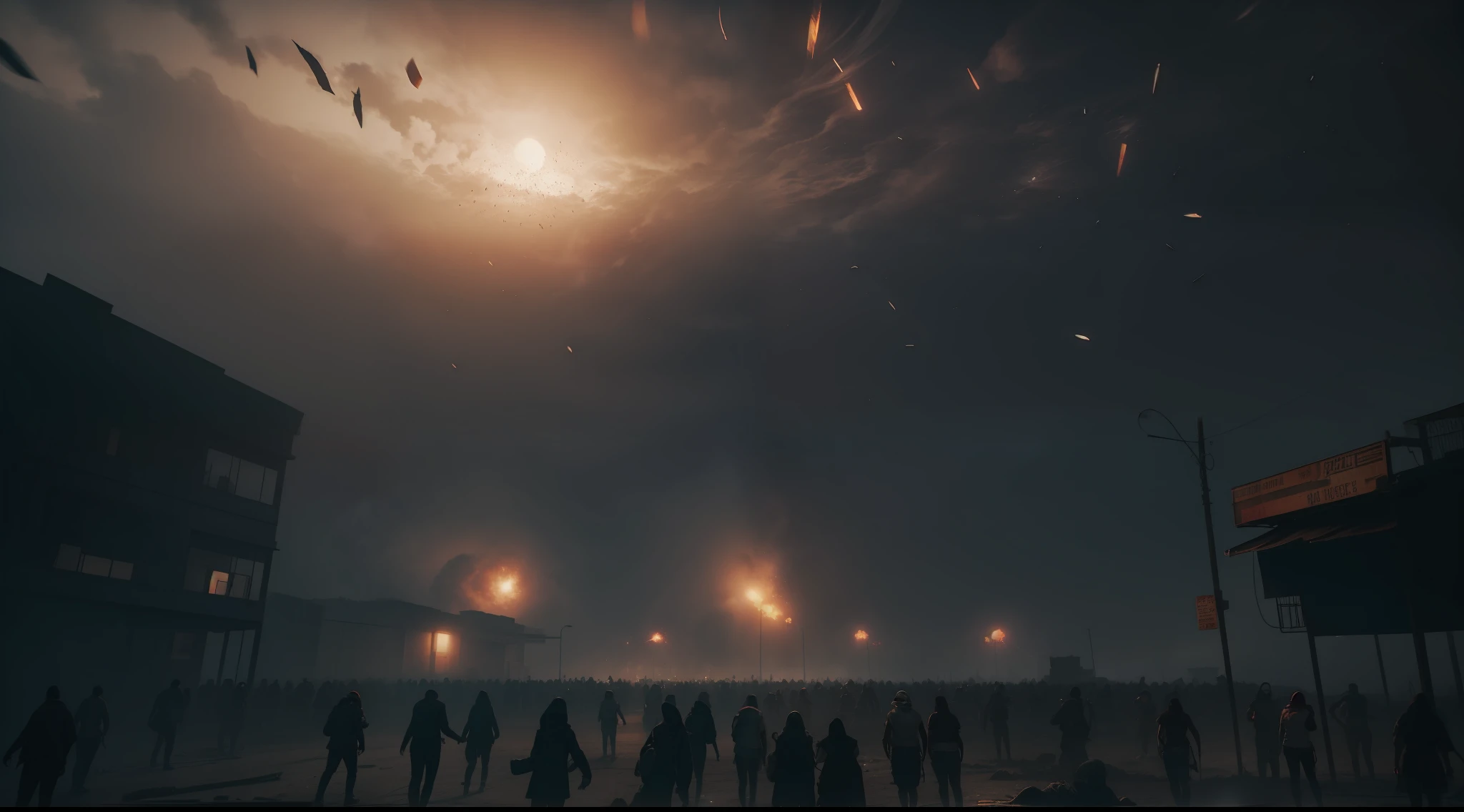 Crowd of people standing at night, crowds facing a terrifying image, o sol encocoberto por nuvens negras , fireballs and dust falling from the sky, people running in panic, photo taken at night. apocalyptic atmosphere, muita neblina e poeira, imagem realista unreal engine 5.aterroizante.
