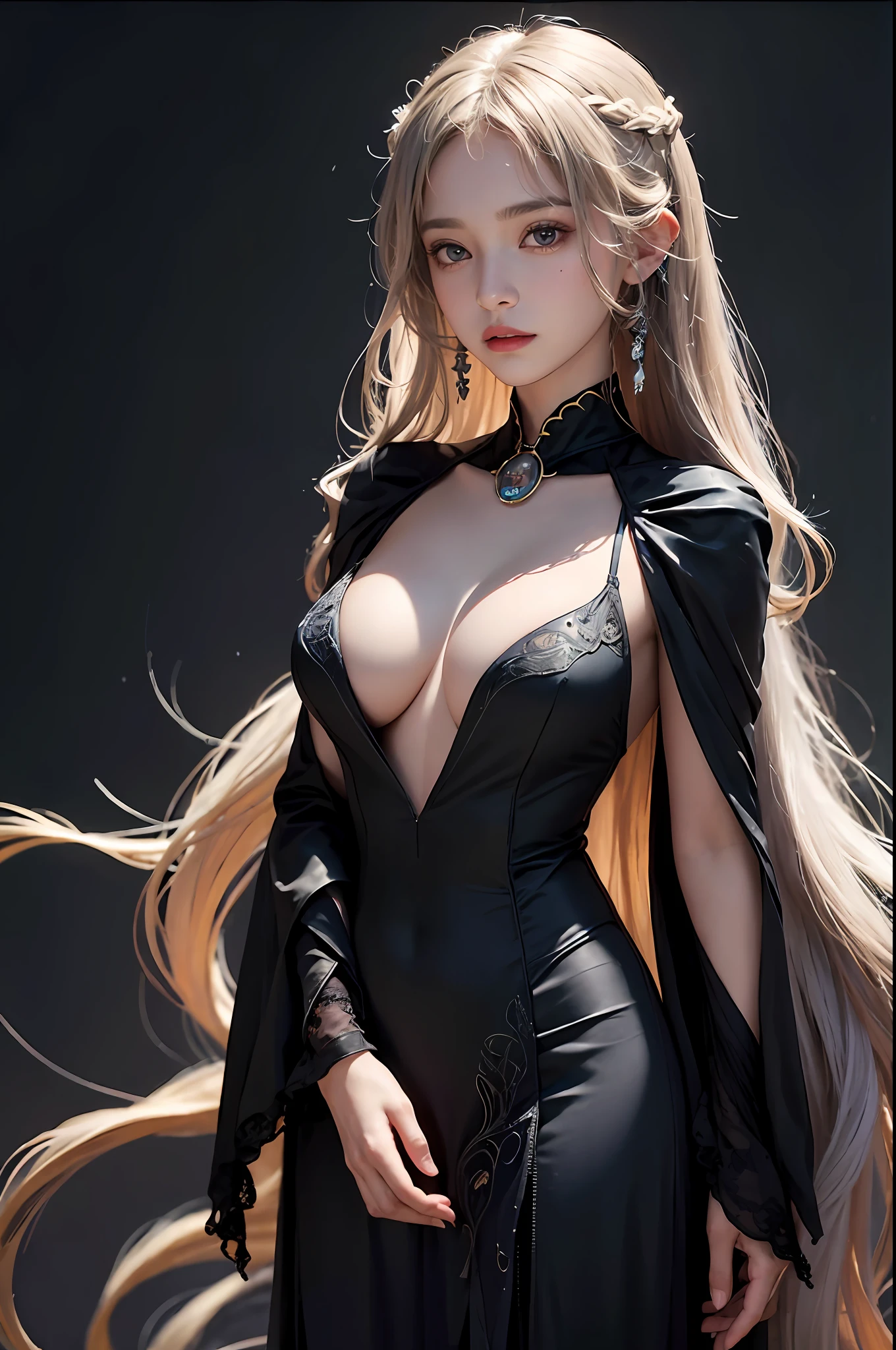 (Front focus),(in the darkness nigth:1.6),Surrealist portraits of women by David Hockney and Alphonse Mucha,Fantasyart,photographrealistic,动态照明,art stations,poster for,Volumetriclighting,Very detailed faces,4 k'',Award-Awarded, , 1girll, In the dark, deepshadow, low tune, (official clothes:1.4),long whitr hair,whaite hair,huge tit
