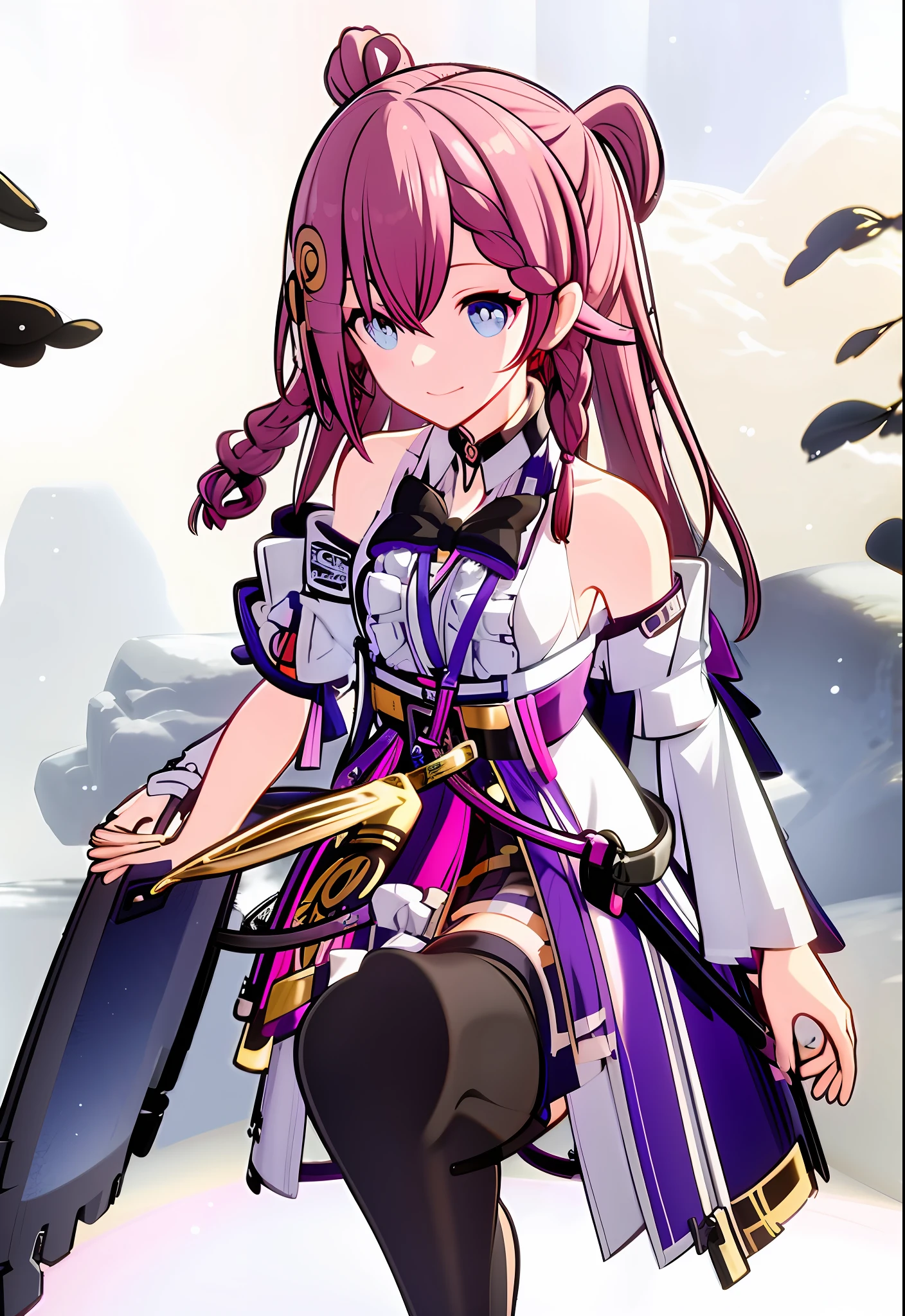 Anime girl with long purple hair and black stockings sitting on a bench, Ayaka Genshin impact, beautiful anime girl crouching, 8K high quality detailed art, cute anime waifu in a nice dress, author:Shitao, the anime girl is crouching, Keqing from Genshin Impact, Splash art anime , Marin Kitagawa fanart, Beautiful anime girl