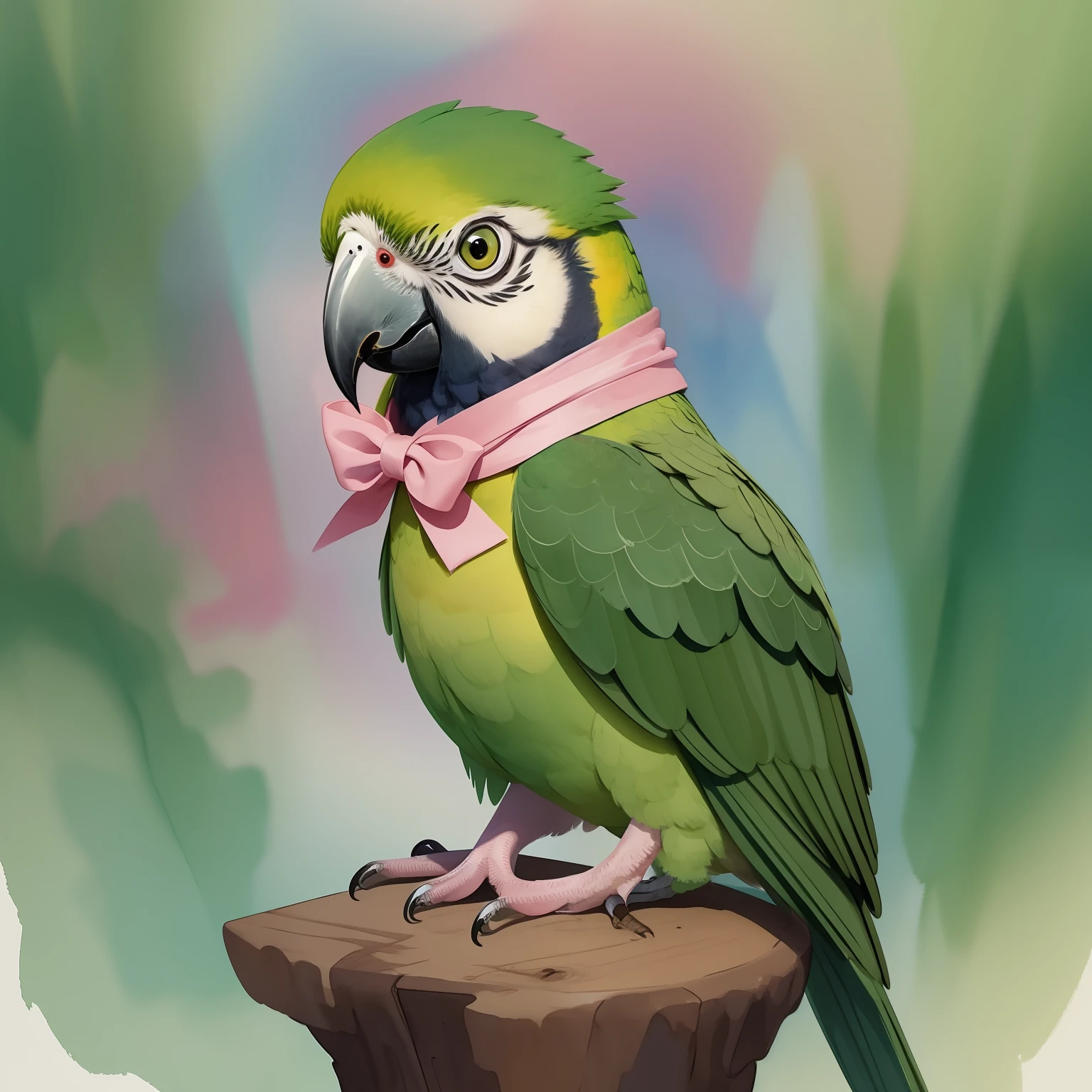 There is a watercolor painting of a  green parrot cub, he's sitting, wearing a pink bow around the neck, cute illustration, Kawai, vetor, circunstanciado, beautiful illustration