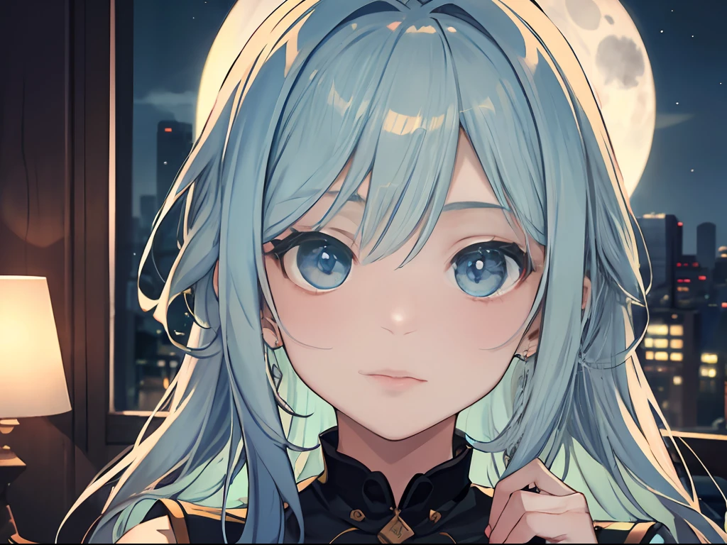 Best quality, tmasterpiece, A 12-year-old girl,Long light blue hair and blue eyes,At night, moonlight shines in outside the window,In the living room without lights,There was no one else in the living room,The TV is off,