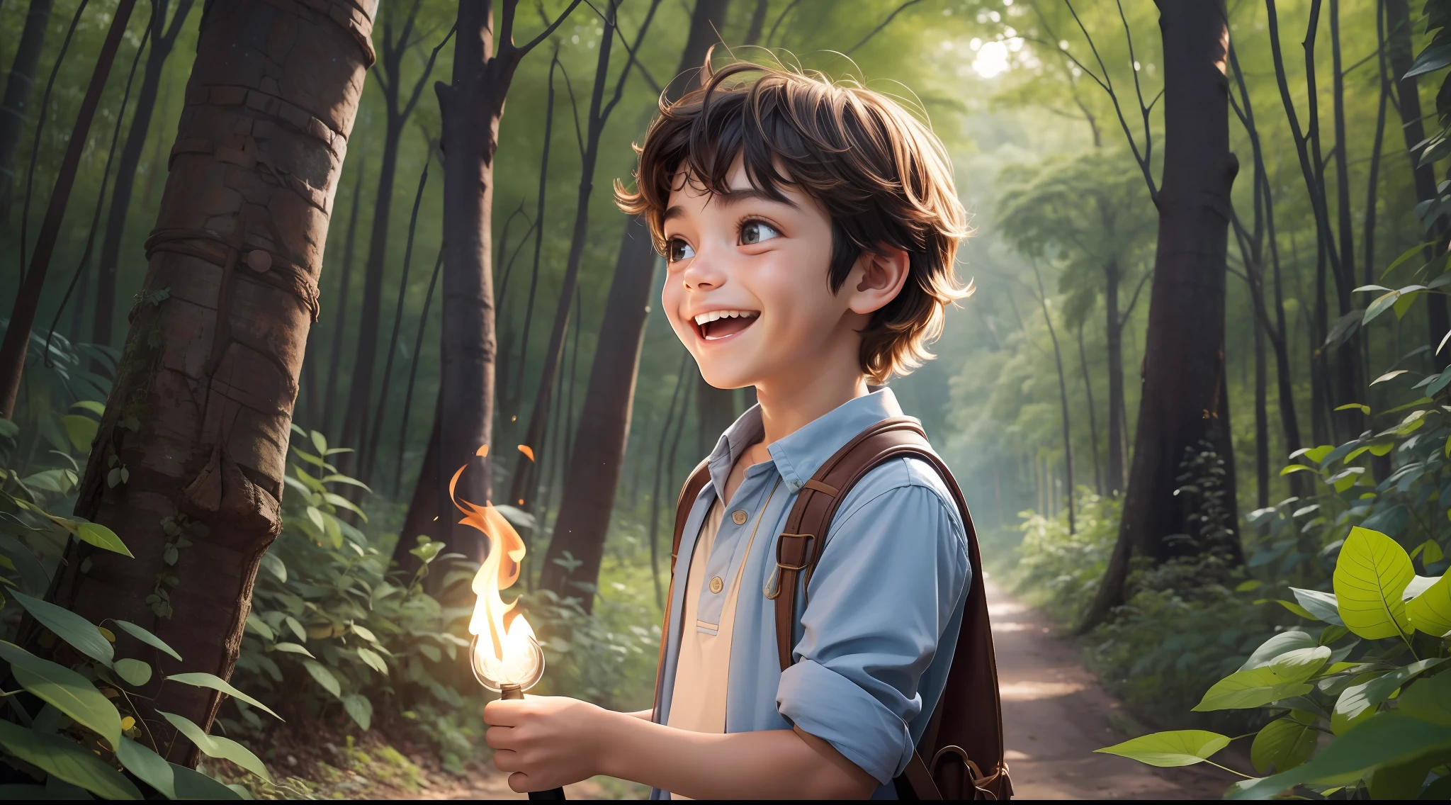 A boy with messy hair and bright eyes, with simple clothes and a radiant expression, is in the middle of a mysterious forest, holding a lit torch in his hand. The light of the torch illuminates the path ahead of you and reveals a charming village, with houses built on the huge trees that surround the area. The houses are all lit up from the inside, com janelas brilhantes e pequenas pontes conectando-as. The surrounding forest is lush, with tall and dense trees, cheias de folhas coloridas e vida selvagem curiosa. The night sky is starry, Creating a magical setting. The boy smiles and is full of enthusiasm as he discovers this amazing village. This image will convey a sense of wonder, aventura e alegria, sugerindo uma jornada emocionante e cheia de descobertas para o espectador.