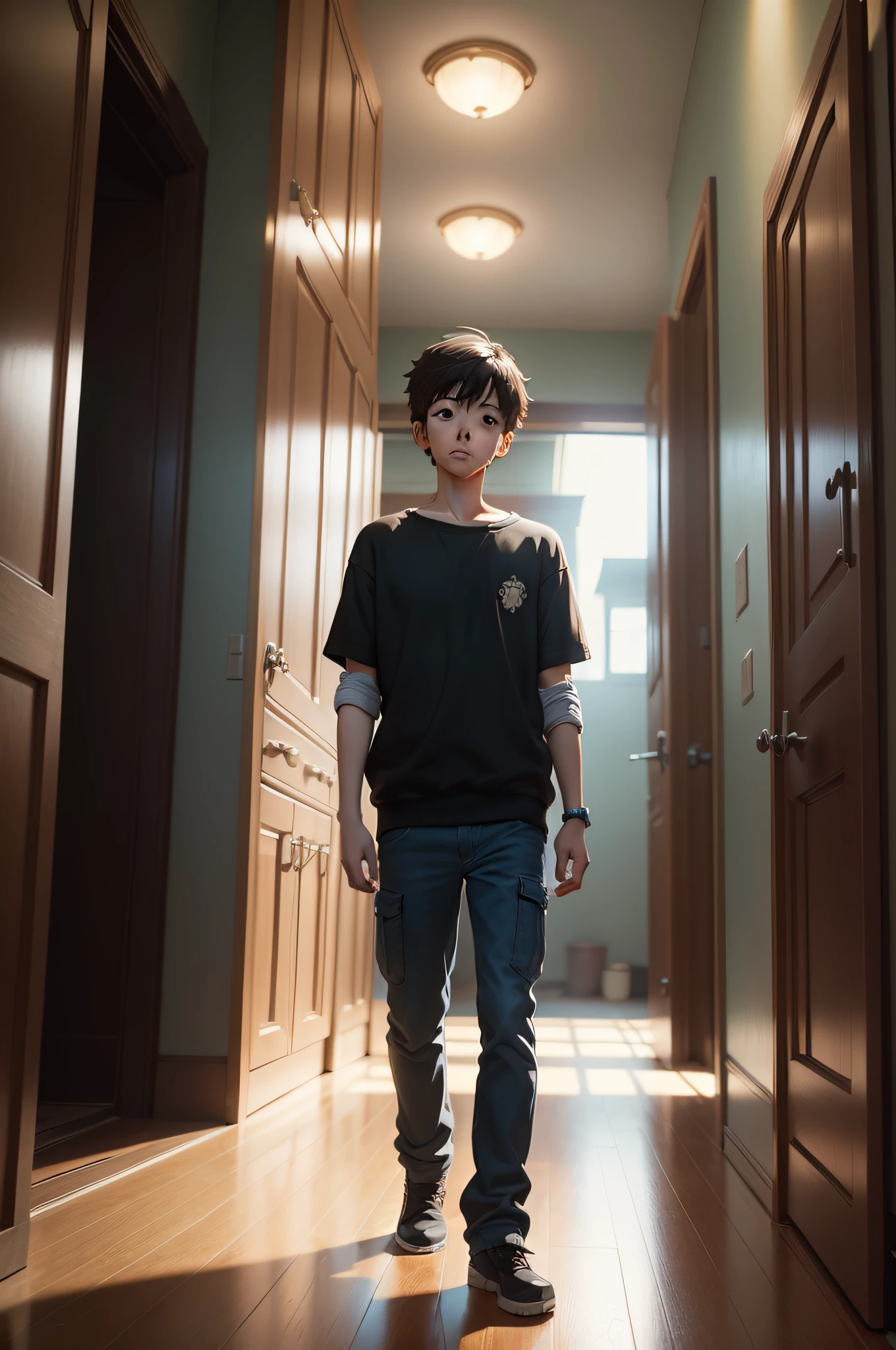 There's a boy standing on a step in a doorway, Makoto Shinkai. octan render, octan render. por Makoto Shinkai, Hiro, renderizado em corona, filme de anime ainda, Greg Rutkowski Makoto Shinkai, Akehiko Inoue e Ross Tran, Akihiko Yoshida. Motor irreal, ainda de um filme live action