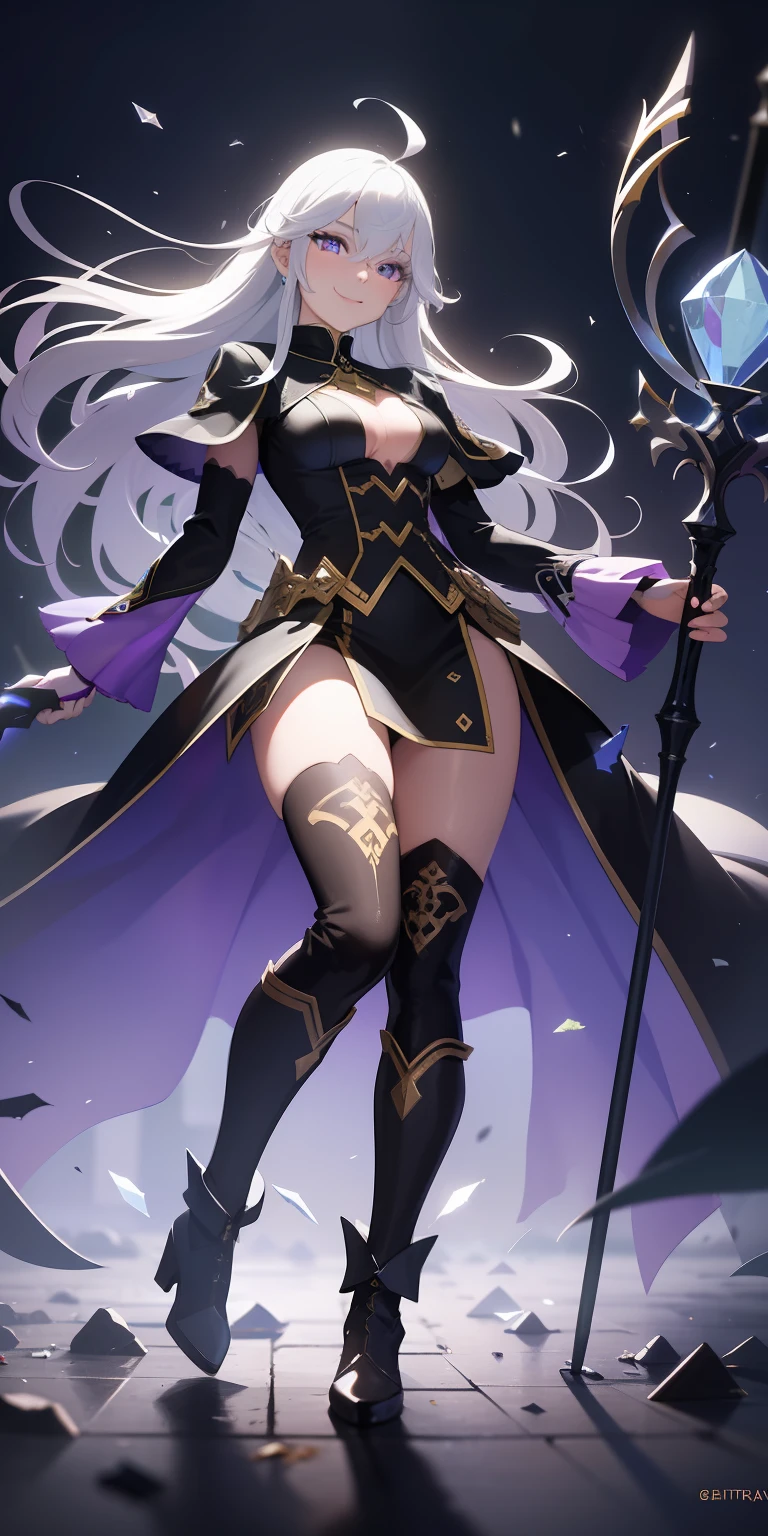 (masterpiece, best quality, ultra-detailed, best shadow), (detailed background,dark fantasy), (beautiful detailed face), high contrast, (best illumination, an extremely delicate and beautiful), ((cinematic light)), colorful, hyper detail, dramatic light, intricate details, (1girl, solo,white hair, sharp face,purple eyes, hair between eyes,dynamic angle), swirling black light around the character, depth of field,black light particles,(broken glass), superhero , full body, holding magical staff, woman, happy, smile, look in front, tall, wearing boots, smiling warmly,