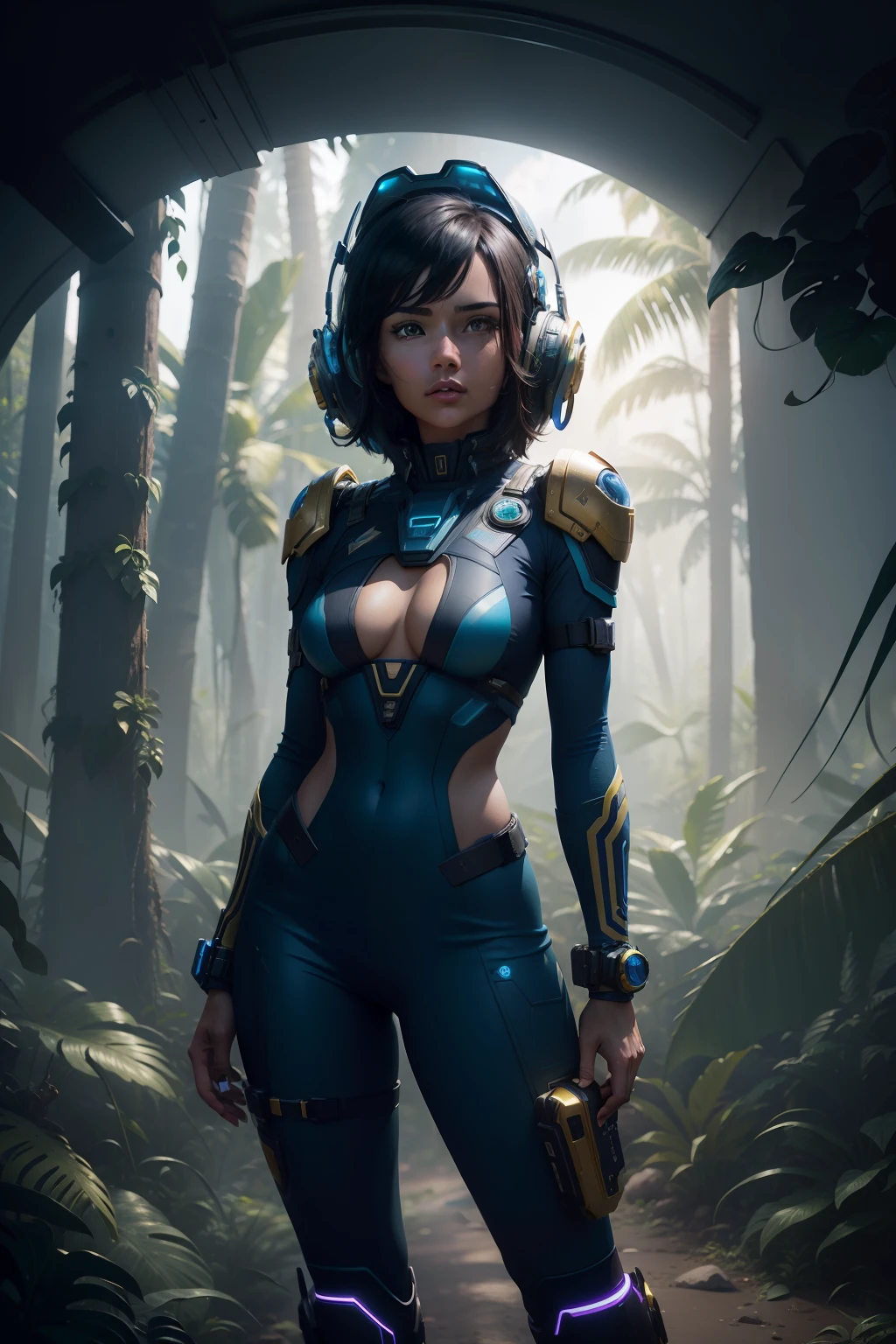 a vibrant cinematic full body photo of a female adventure in the jungle, octane render, high quality ultra future blue an gold space combat visor up, alien planet background