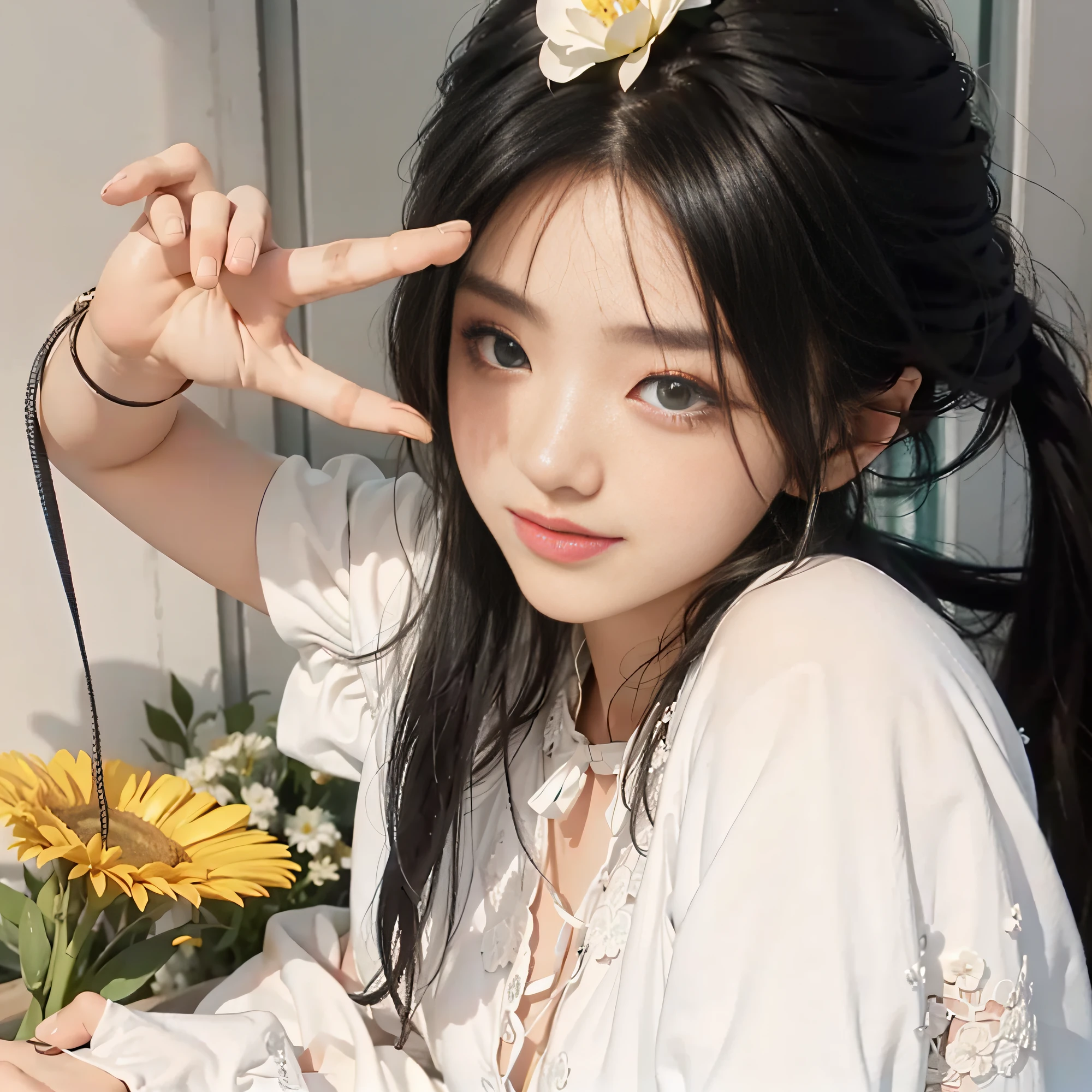 best qualtiy,tmasterpiece,超高分辨率,(真实感:1.4),RAW photogr,1girl,white dresses,cropped shoulders,blooming flower field,Glowing skin,Playful expression