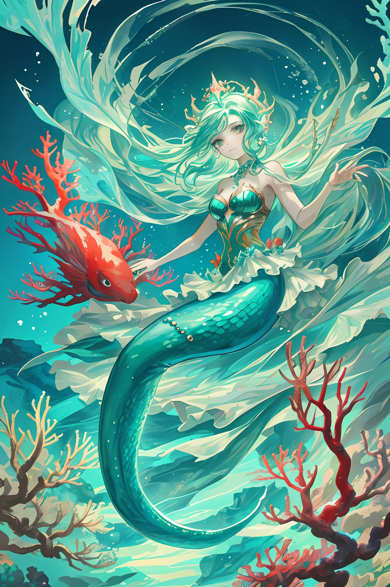 In the deep water of a coral reef, there is a mermaid that looks like a beautiful woman, the body color is more like emerald, the structure is a half mermaid, she looks at me from above, and I look at her from below, I hold a pearl in my hand --v 6