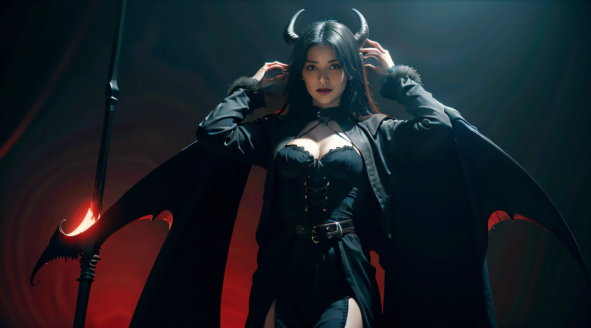hd, absurdres, 8k, masterpiece, complex background, high quality, volumetric lighting, 1girl, lilith, diablo4, horns, vampire wings, gigantic wings, corrupted church, blood, small breasts, (black robe:1.2), black dress, black corset, bra, collar, breechcloth, looking down at viewer, throne, (scythe wielder:1.4), (red background lighting glow:0.1)