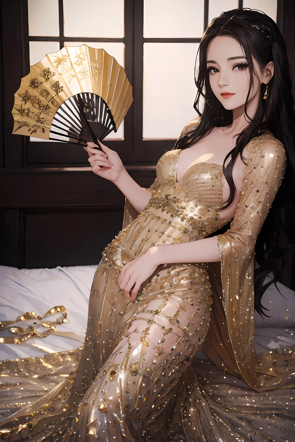 ((Best Quality)), ((Ultra High Resolution)), ((Realistic)), Fine details, Age 19 on Appearance, Black hair, Perfect face shape, Moderate Makeup:1.5, Face lighting, Accentuating Details, Long hair, Wearing Chinese Wedding Dress, Gold Headgear Decoration, Holding a fan, Red Wedding Dress Extra Points: 1.3, Gold Dress Details. portrait of a full body, windows, a bed, drapes, Candlelight, present a picture of a long-range pose.