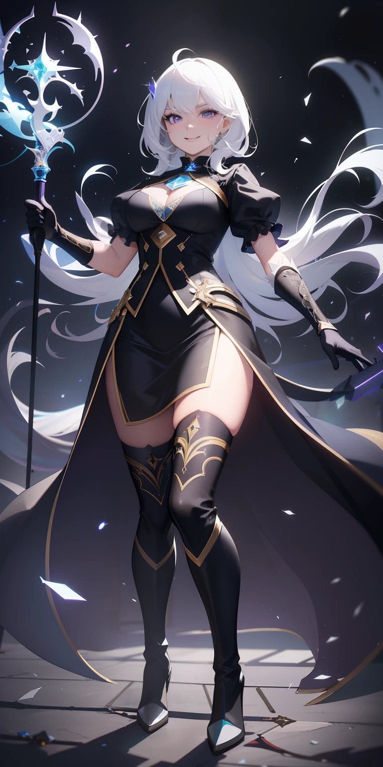 (masterpiece, best quality, ultra-detailed, best shadow), (detailed background,dark fantasy), (beautiful detailed face), high contrast, (best illumination, an extremely delicate and beautiful), ((cinematic light)), colorful, hyper detail, dramatic light, intricate details, (1girl, solo,white hair, sharp face,purple eyes, hair between eyes,dynamic angle), swirling black light around the character, depth of field,black light particles,(broken glass), superhero , full body, holding magical staff, woman, happy, smile, look in front, tall, wearing boots, smiling warmly,