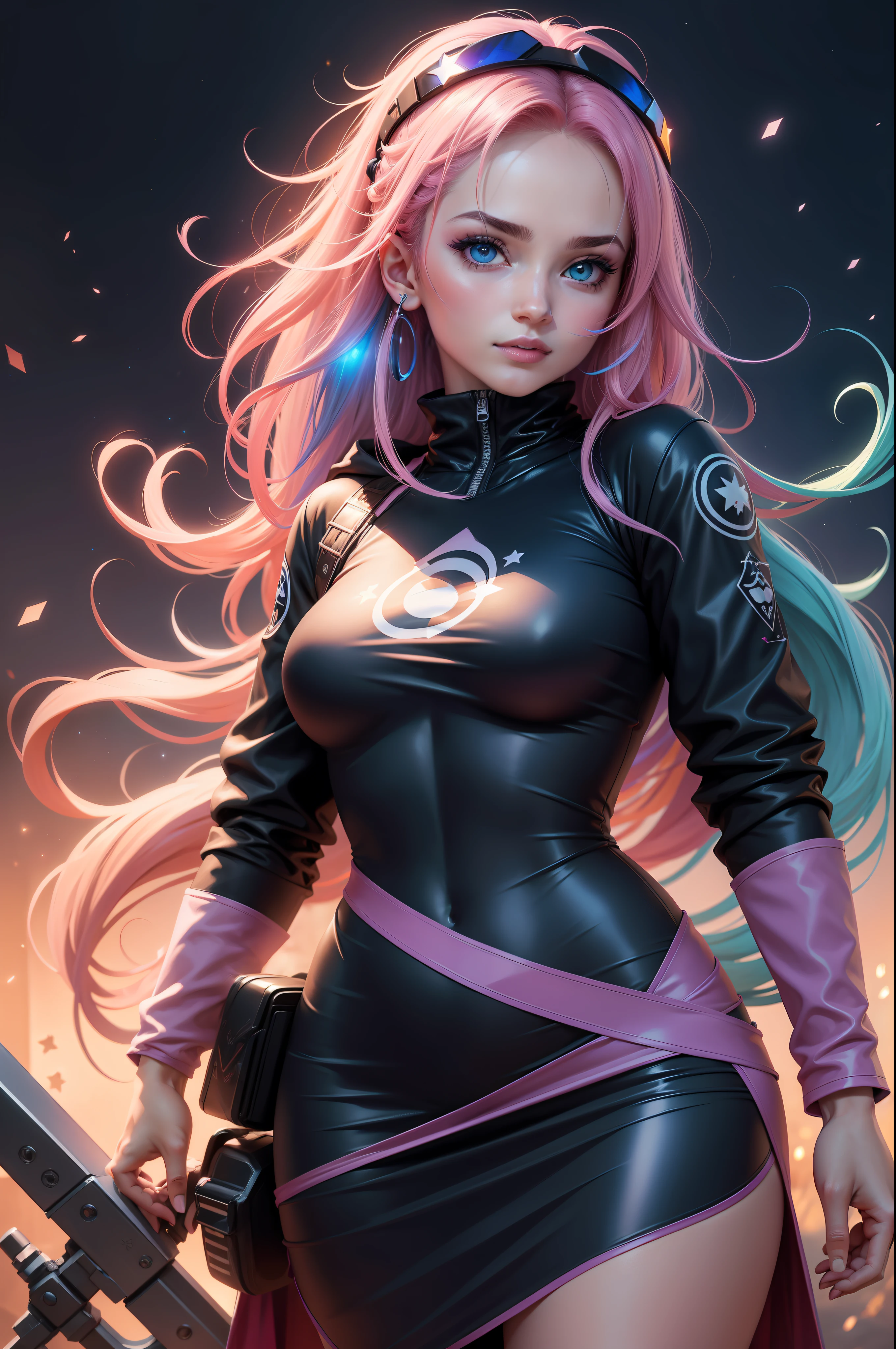 Mulher ninja com fone de ouvido sentido paz, olhos brilhantes com estrela, rosto bonito e peitos grandes, cores RGB, cabelo rosa brilhante, colorido anime, fundo brilhante, Banner for youtube video, menina feliz, nuvens com cores RGB, cores RGB brilhantes, completo, ser celestial, garota gamer.