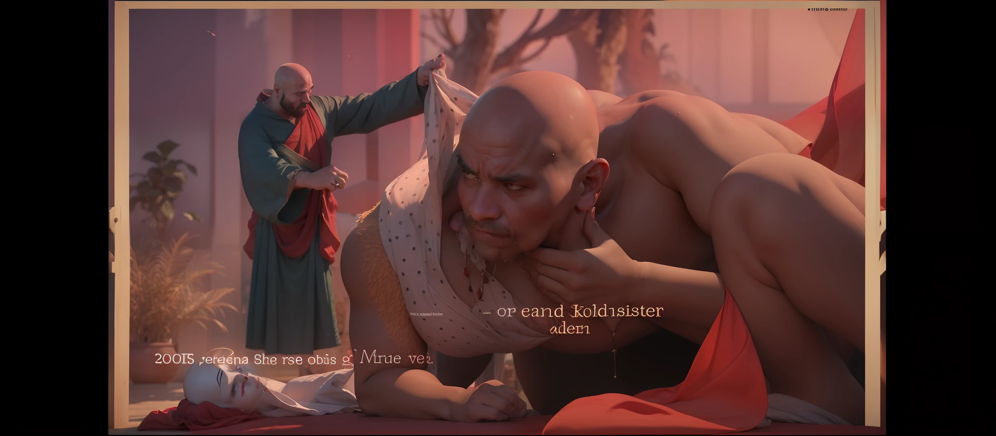 open image of man suffering from spots and red and rounded sores that go from the soles of the feet to the top of the head with sores spread over the body, bald, talking to hebrew woman dressed in sari and white and red veil