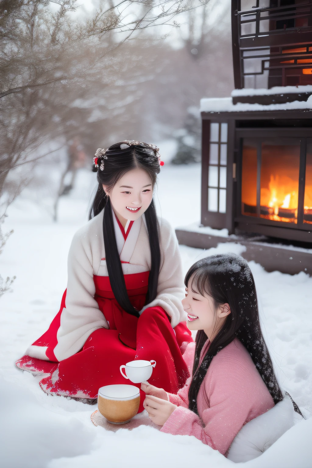 Make tea in a red stove，Meet in the snow，Meet friends。The two Hanfu women had joyful smiles on their faces