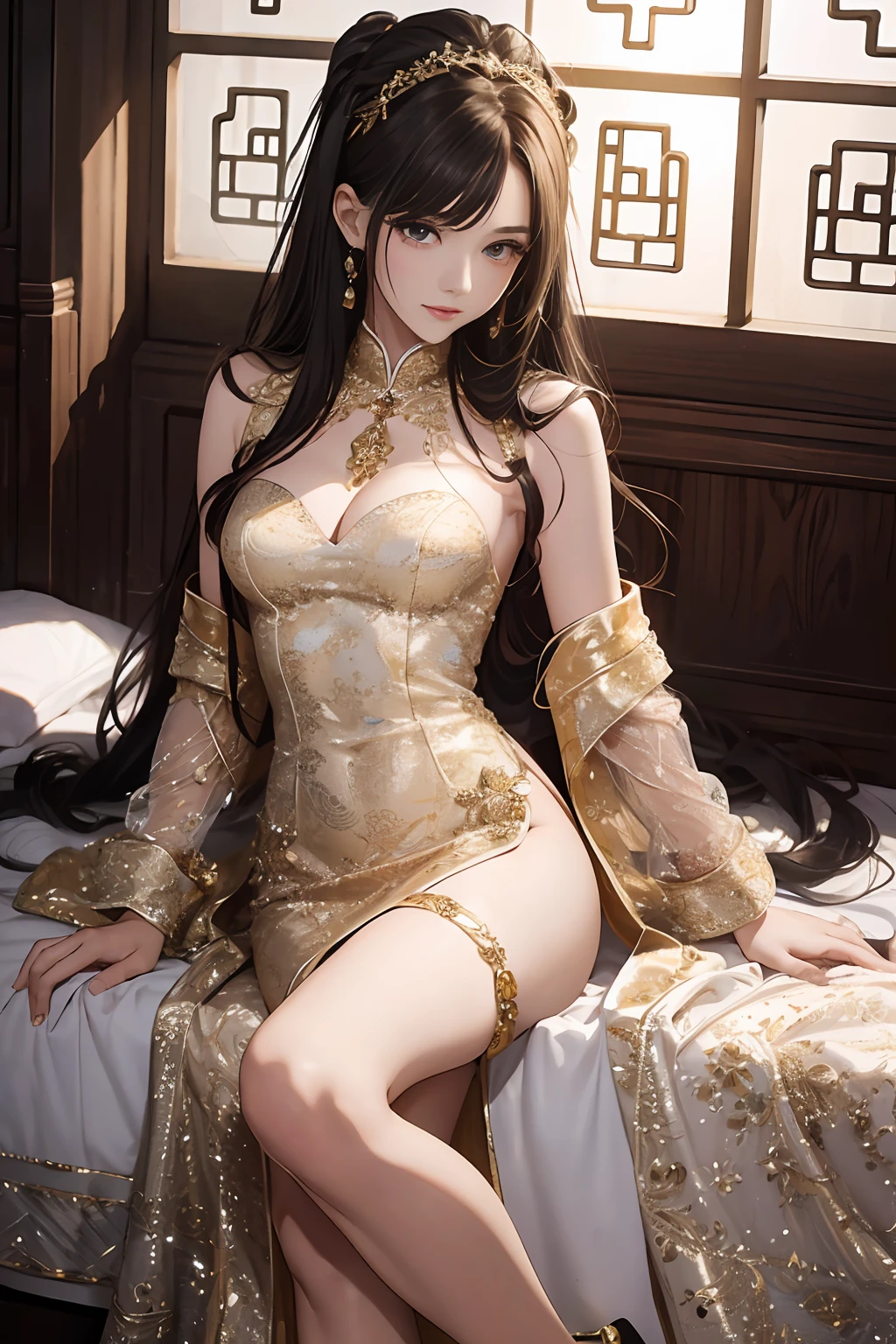 ((Best Quality)), ((Ultra High Resolution)), ((Realistic)), Fine details, Age 19 on Appearance, Black hair, Perfect face shape, Moderate Makeup:1.5, Face lighting, Accentuating Details, Long hair, Wearing Chinese Wedding Dress, Gold Headgear Decoration, Holding a fan, Red Wedding Dress Extra Points: 1.3, Gold Dress Details. portrait of a full body, windows, a bed, drapes, Candlelight, present a picture of a long-range pose.