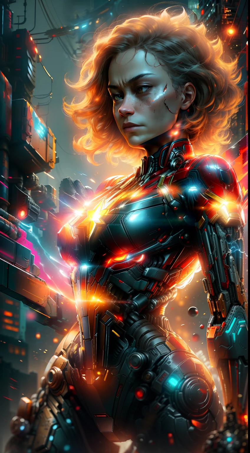 Captain marvel from Marvel photography, biomechanics, complex robot, red, full growth, hyper-realistic, crazy little details, incredibly clean lines, cyberpunk aesthetic, masterpiece featured on Zbrush Central, cyberpunk city backdrop