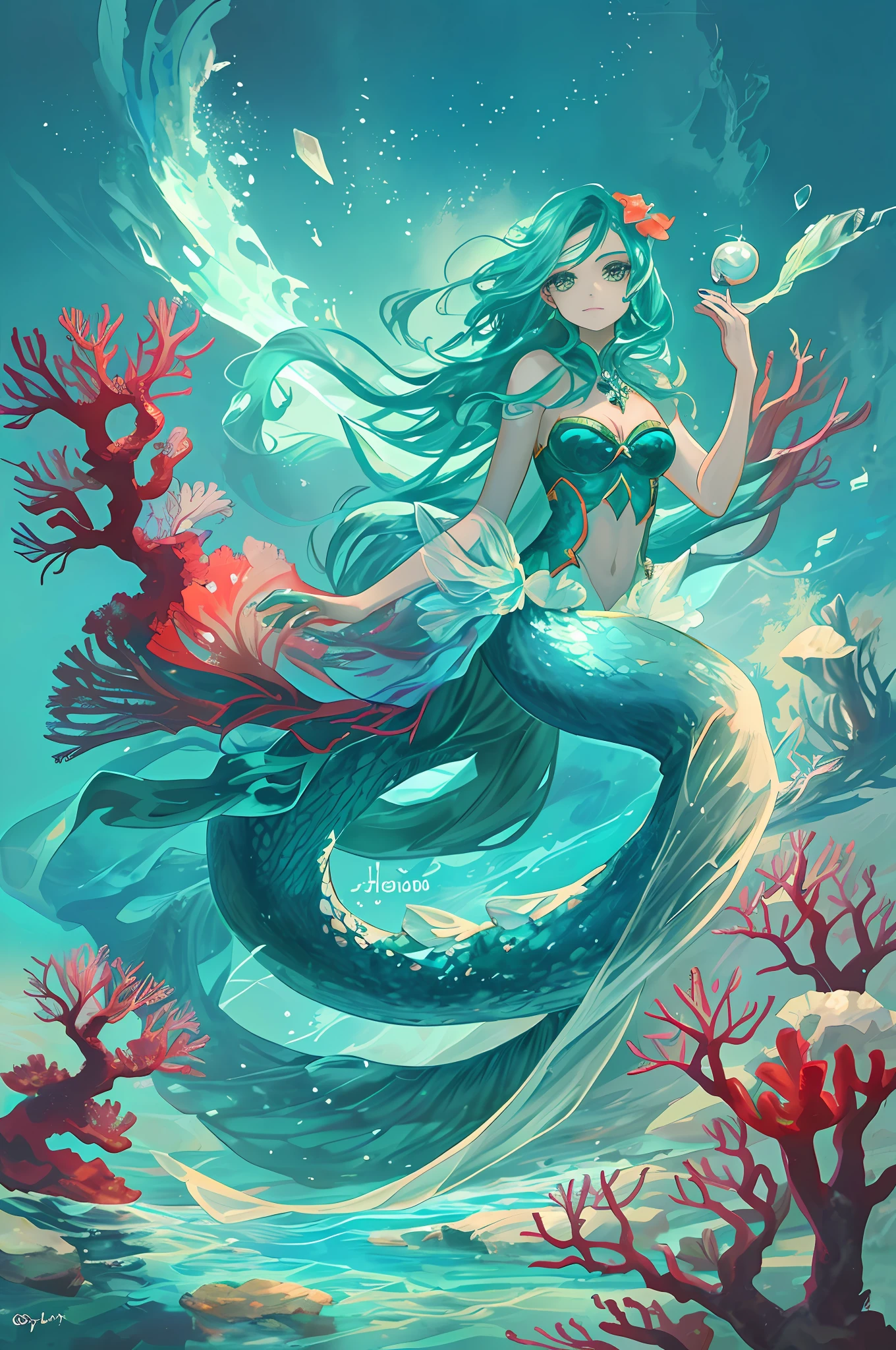 In the deep water of a coral reef, there is a mermaid that looks like a beautiful woman, the body color is more like emerald, the structure is a half mermaid, she looks at me from above, and I look at her from below, I hold a pearl in my hand --v 6