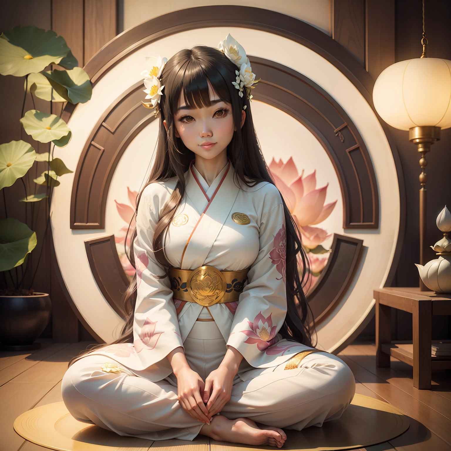 Asian pretty girl with long wavy hair, sitting in a lotus pose inside the beautiful lotus flower, she is wearing a white kimono and pants, representing a spiritual guru.