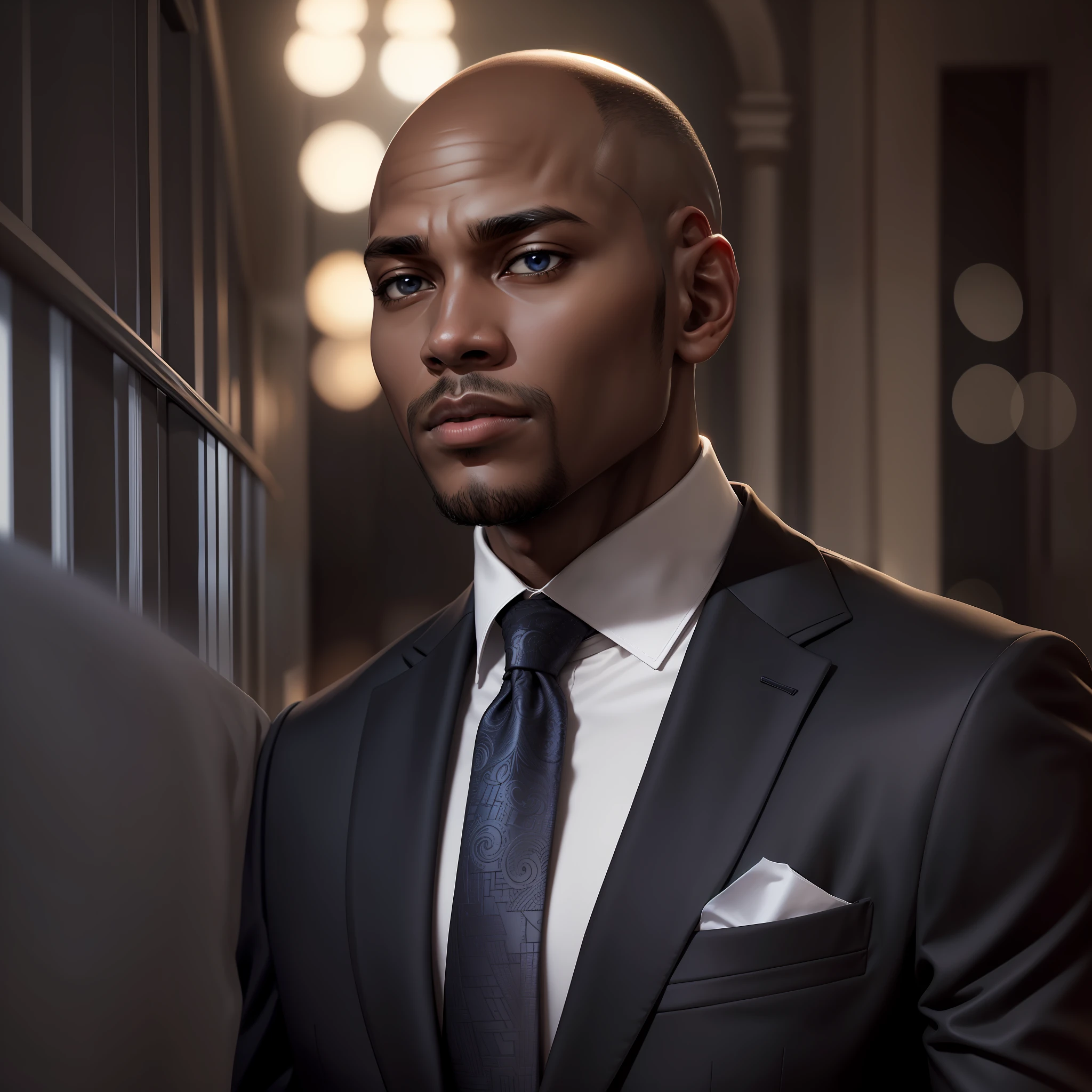 Black man, bald, black color, dark skin, short hair, elegant, fine clothes, blue suit, tie, portrait, only one person, soft background, soft light --auto
