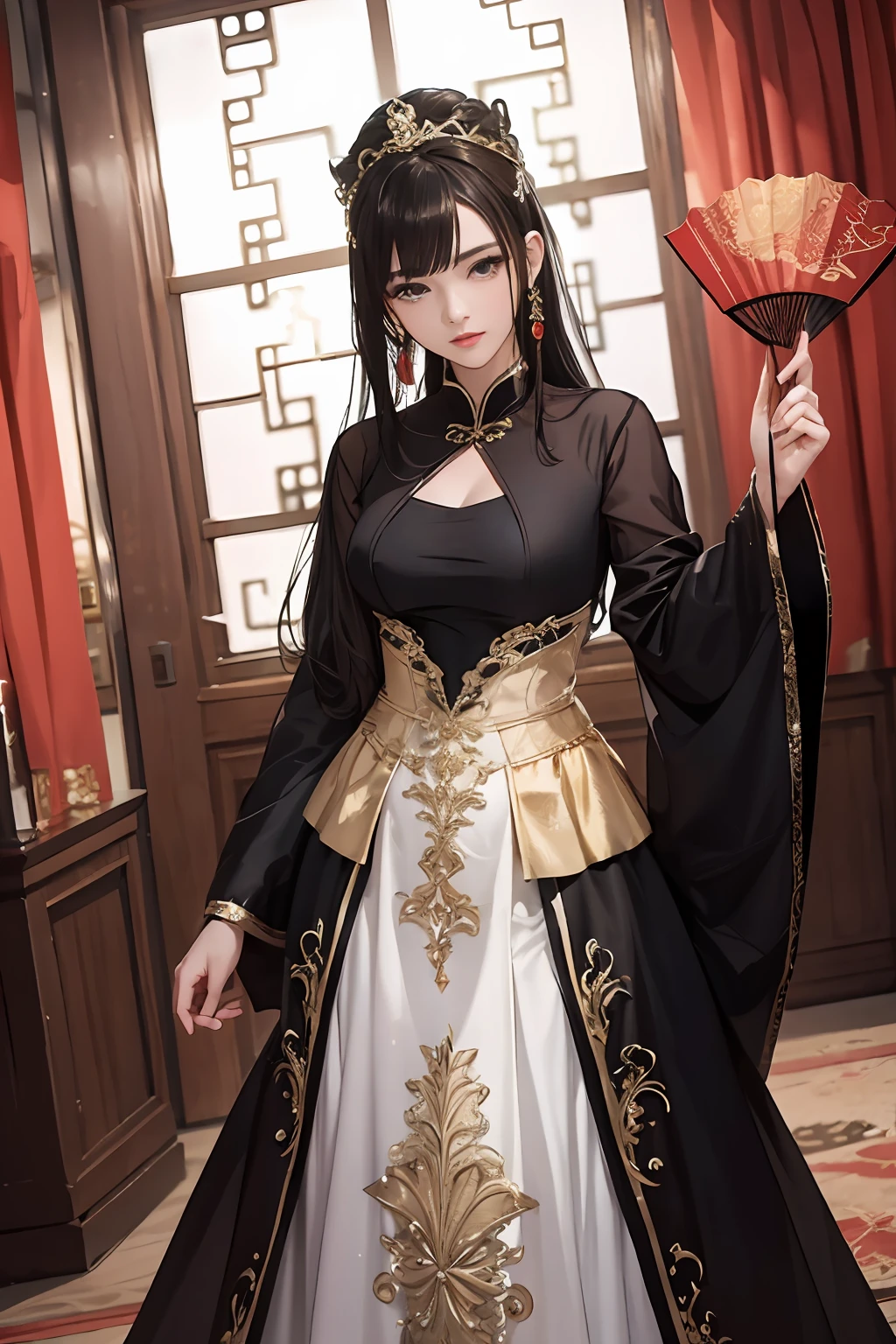 ((Best Quality)), ((Ultra High Resolution)), ((Realistic)), Fine details, Age 19 on Appearance, Black hair, Perfect face shape, Moderate Makeup:1.5, Face lighting, Accentuating Details, Long hair, Wearing Chinese Wedding Dress, Gold Headgear Decoration, Holding a fan, Red Wedding Dress Extra Points: 1.3, Gold Dress Details. portrait of a full body, windows, a bed, drapes, Candlelight, present a picture of a long-range pose.