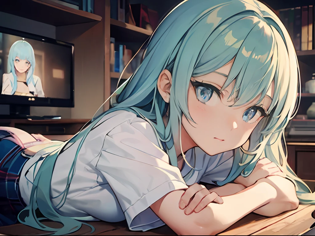 Best quality, tmasterpiece, A 12-year-old girl，Long light blue hair and blue eyes，In the dimly lit living room，There was no one else in the living room，There was a TV turned off