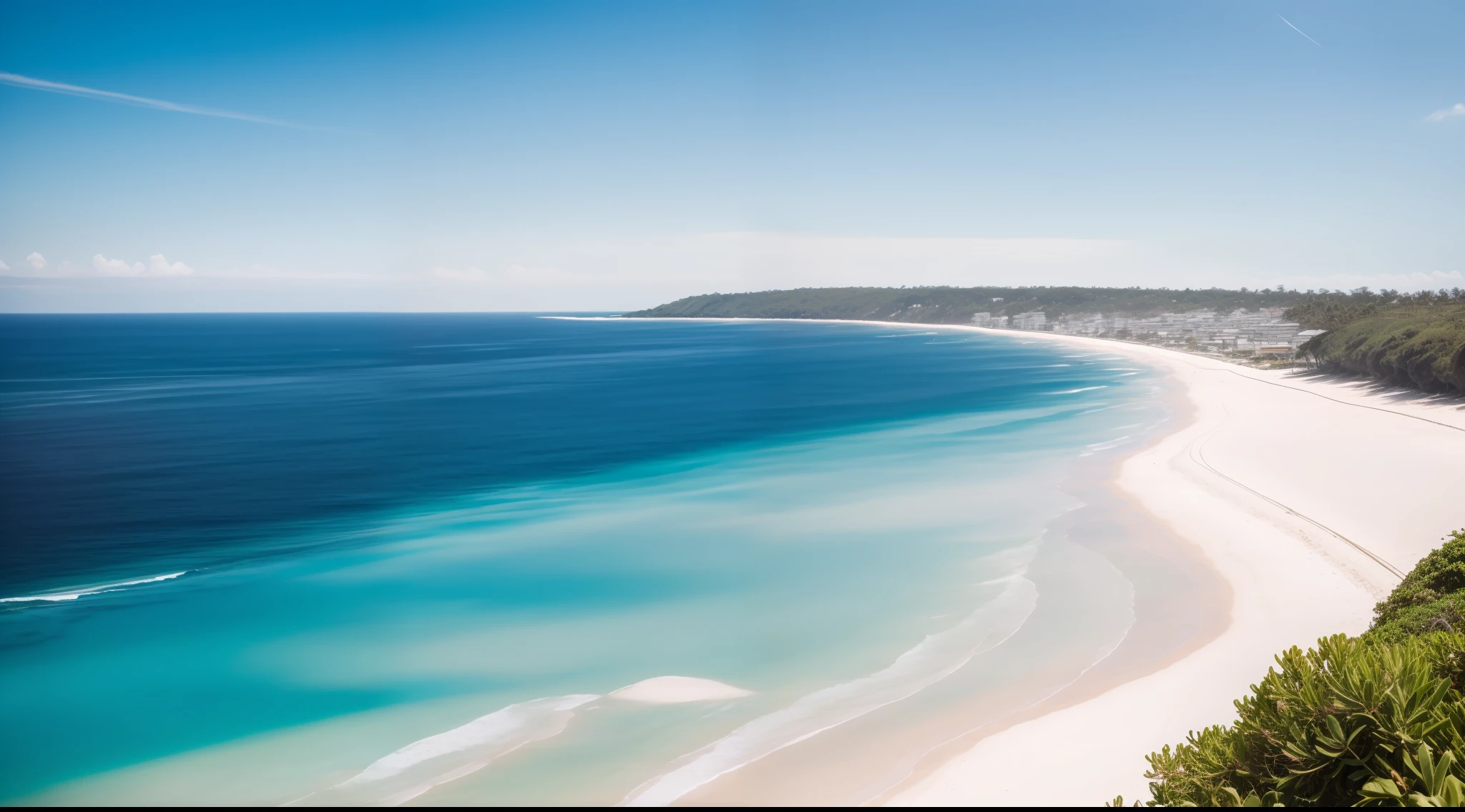 A view of standing on the beach's edge and staring at the horizon, cloudless blue sky, Bali, clear sea water, white sand beach, yacht in the distance, detail, Beautiful seashells like jewels, realistic, ultra realistic, 8k uhd, DSLR, soft lighting, high quality, film grain, Fujifilm XT3, (Masterpiece) <la:add_detail:1