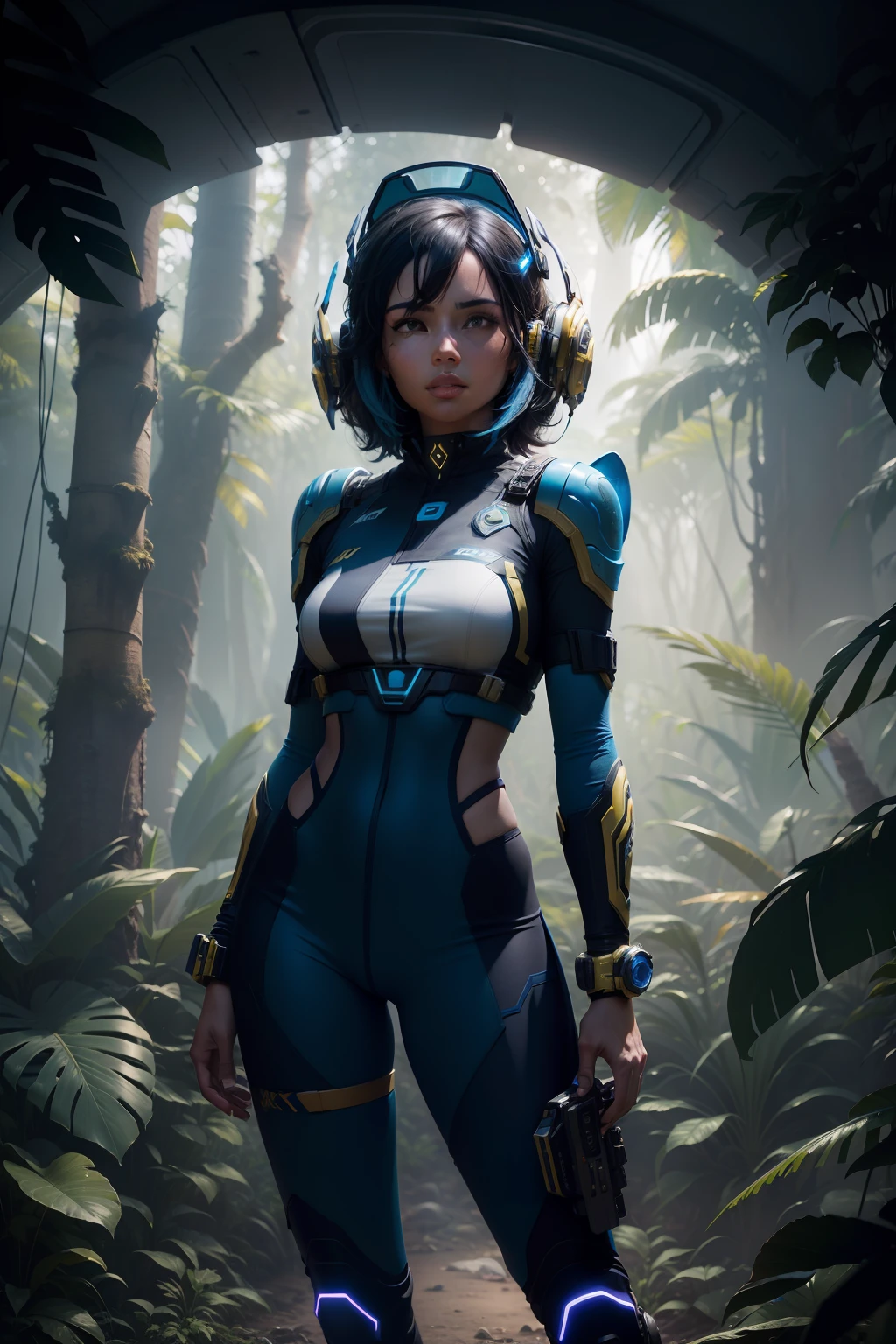 a vibrant cinematic full body photo of a female adventure in the jungle, octane render, high quality ultra future blue an gold space combat visor up, alien planet background