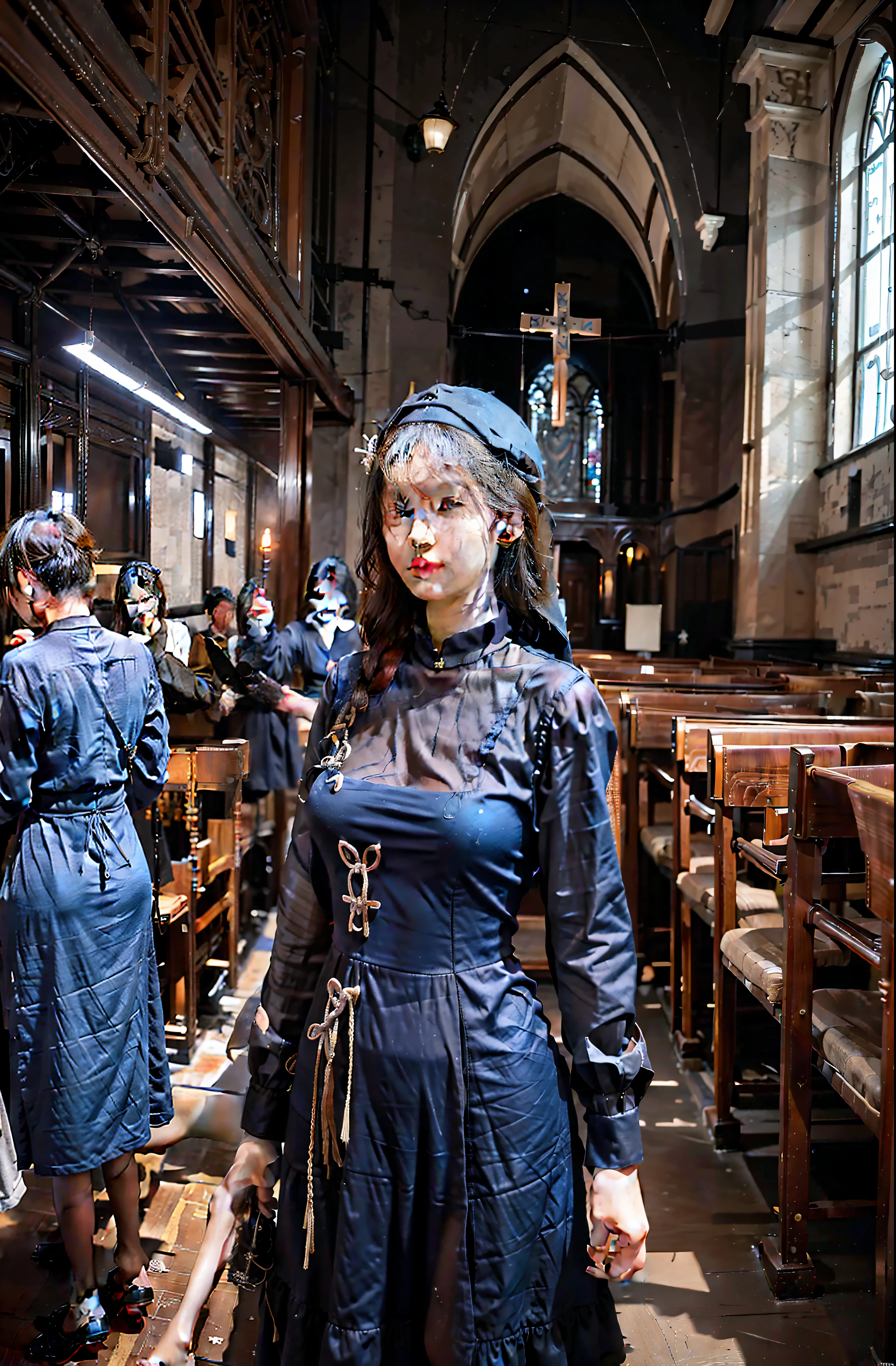 Best picture quality，Masterpiece level，超高分辨率，Realistic CG unity 8K wallpaper，RAW photogr，one-girl，Black nun dress，blue color eyes，The background is the interior of the church，Fresh and unearthly，divino。
