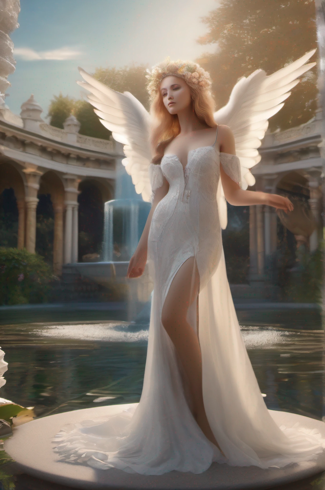 (masterpiece:1.0), (best quality:1.4), (ultra highres:1.2), (photorealistic:1.4), 8k resolution, Canon EOS R5, 50m)), ((ethereal)), angels, paradise, wings, halo, soft light, beauty, peaceful, serene. in the heavenly paradise, ethereal angels with magnificent wings and halo they are perfect and her body remains the marble.their poses of unparalleled beauty. they are wearing a heavenly outfit with white feather perfectly fit in their backs, with amazing bodies and beautiful blue eyes))wearing also golden lace ribbons. ((in the paradise garden there is a fountain of youth with many trees and flowers around a big lake and marble palace and statues, raw, 8k, looking at viewer's high definition