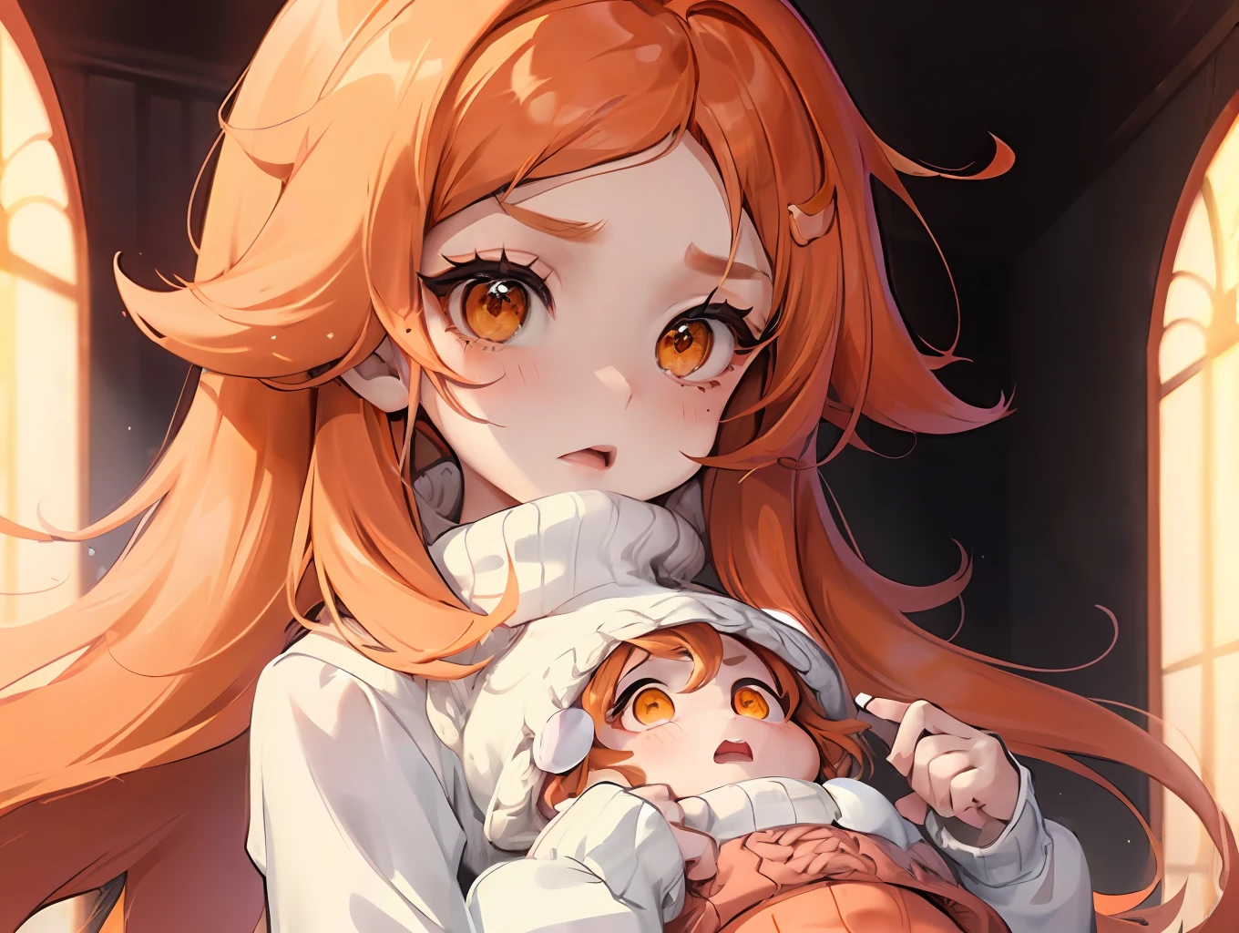 Woman with blonde and orange hair，Pink top and white pants, belle delphine, amy sol in the style of, Hue orange and pale pink, amouranth, portrait of kim petras, orange pastel colors, orange glowing hair, orange yellow ethereal, Anime girl in real life, glowing peach face, anime-inspired, fluffy orange skin, Anime girl cosplay, anime vibes, Sweater, holding sweater up, underbust, midriff, Take the sweater and open it to expose your chest, Soft and soft lips, view the viewer, Big round baby eyes, orange eyes