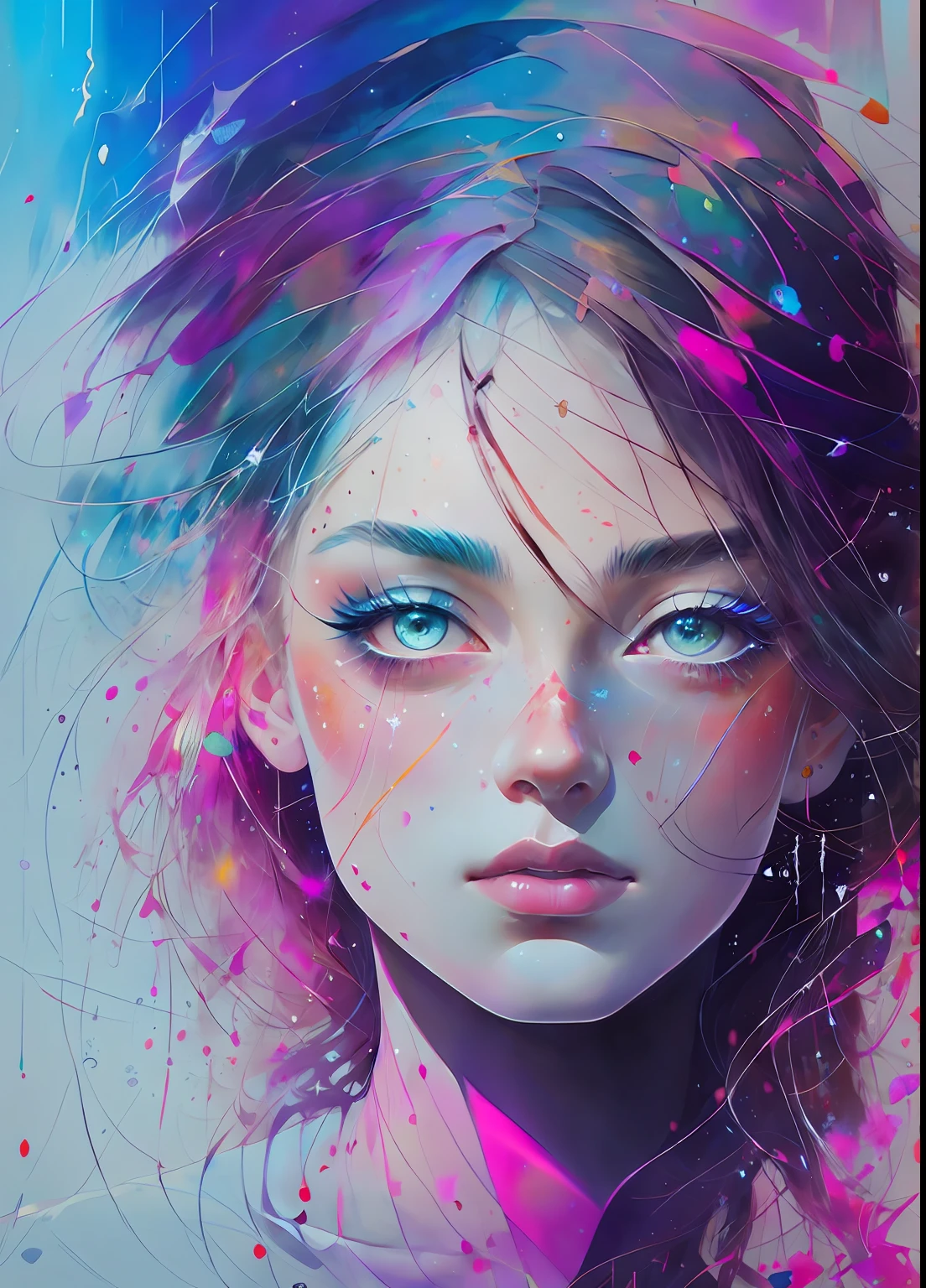 This is a dreamy and ethereal image. Generate a whimsical portrait of a striking princess by Agnes Cecile with beautifully detailed and realistic eyes. Include ink drips and fairy lights. The colors used should be soft and pastel except for her eyes, which should be bold and realistically shaded. Include luminous, glitter, shimmer, and intricate detailing. This is a high quality image from world-class artist agnes cecile. ((masterpiece))