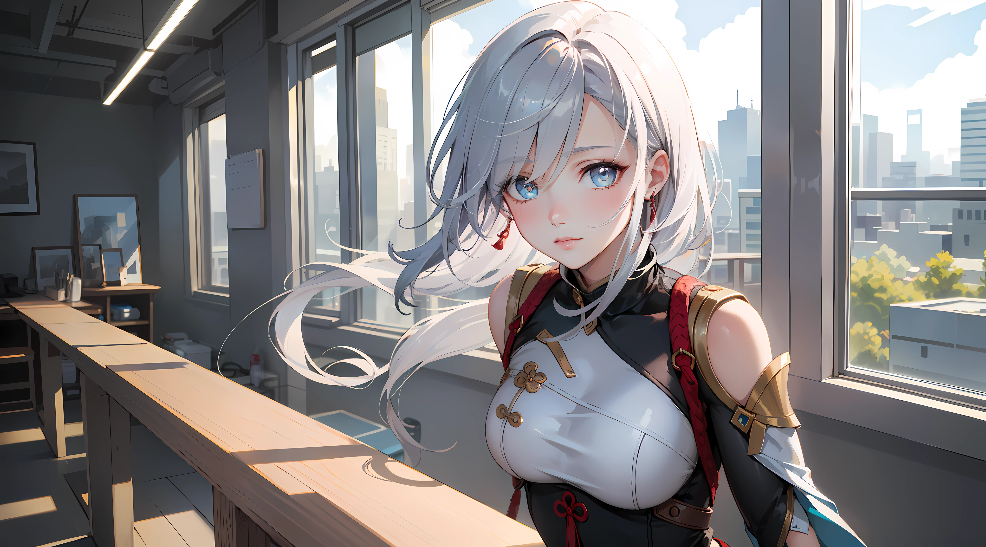 electrician girl, electrician suit, upper body, seductive look, blush, indoors, in office, looking at viewer, cloudy, moody lighting, (perfect detail eyes:1.2), glowing eyes, (long hair one braid:1.2), elemental skill effect, (Masterpiece, Best Quality, High Quality:1.4), professional artwork, Intricate Details, field of view, sharp focus, detailed painting, photorealistic lighting, trending on pixiv, (vivid lighting, vibrant colors:1.05), realistic shadows, ambient occlusion, (athletic body:1.3), mature woman, 30yo, shenhe, hyperdetail eyes, beautiful eyes, (((solo:1.4))), semi-realistic hair, hyperdetailed clothes