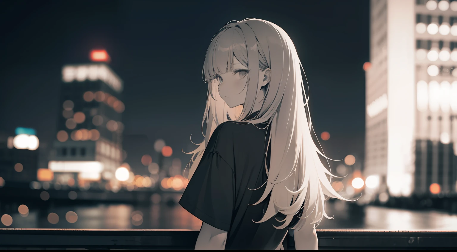 faded tone, monochrome, a little dark orange tone, cool lady long bangs, hipster, grey hair, upper chest shot, monochrome, black, blue, t shirt, heavily blurred background, city at night, from back, looking back, blurry image as a whole