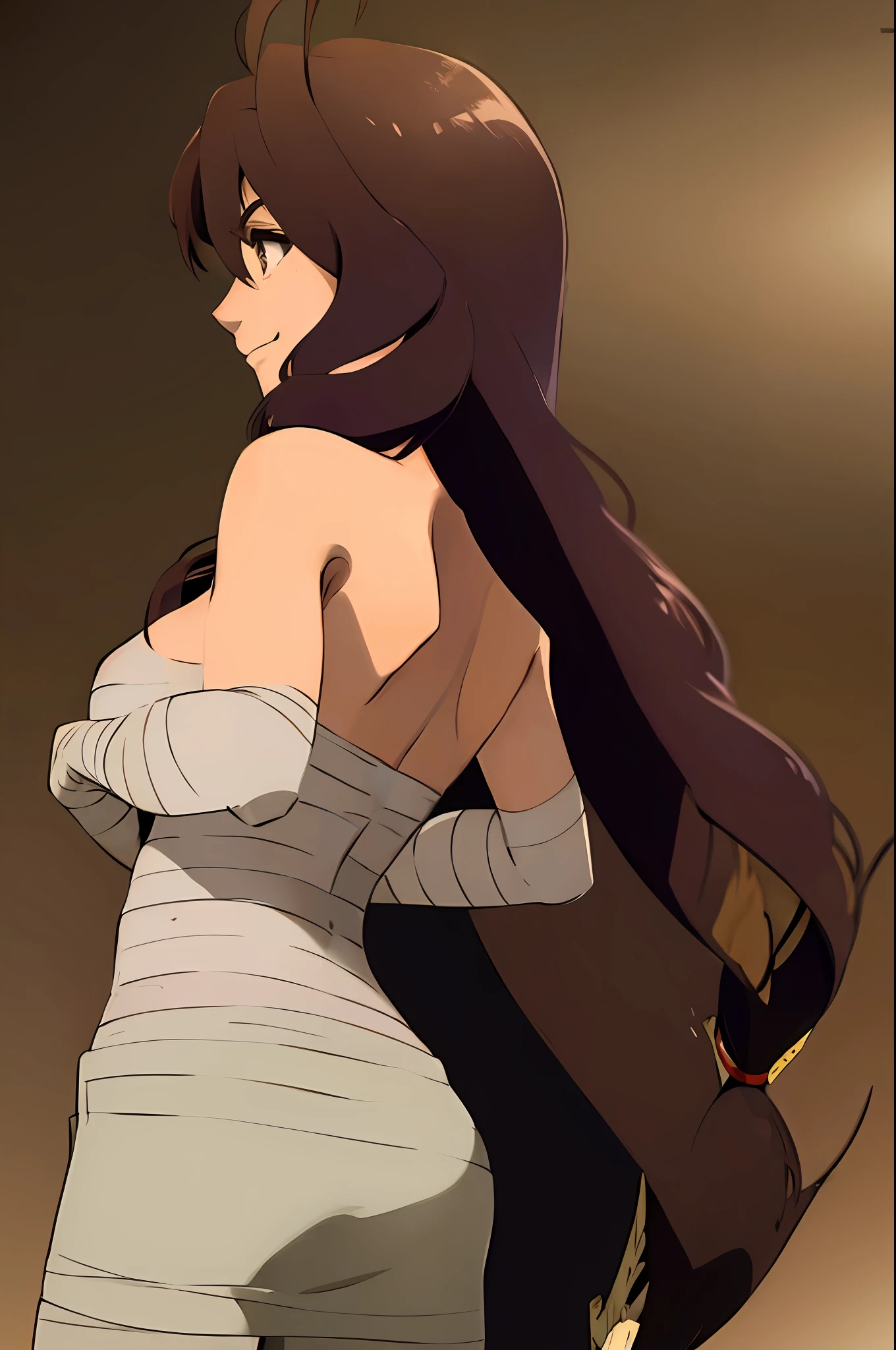 1girl, parona, solo, profile, brown background, upper body, sarashi, bare shoulders, breasts, back, brown hair, smile, gradient background, closed mouth, long hair, bangs, gradient, from behind, medium breasts, bandages