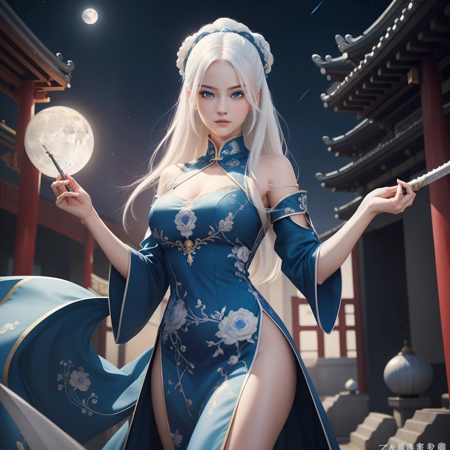 ((Best Quality, Masterpiece): 1.2), white hair, blue eyes, swordswoman, full moon in the night sky, standing in a chinese temple, ballgown dress, blue dress, incredible detail and stunning artwork with dynamic composition, stunning lighting and vibrant colors. High resolution and flawless execution.